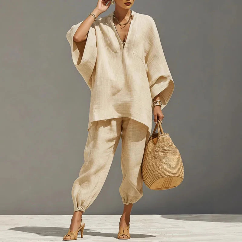 Women's casual suit - linen top with batwing sleeves - relaxed daily outfit