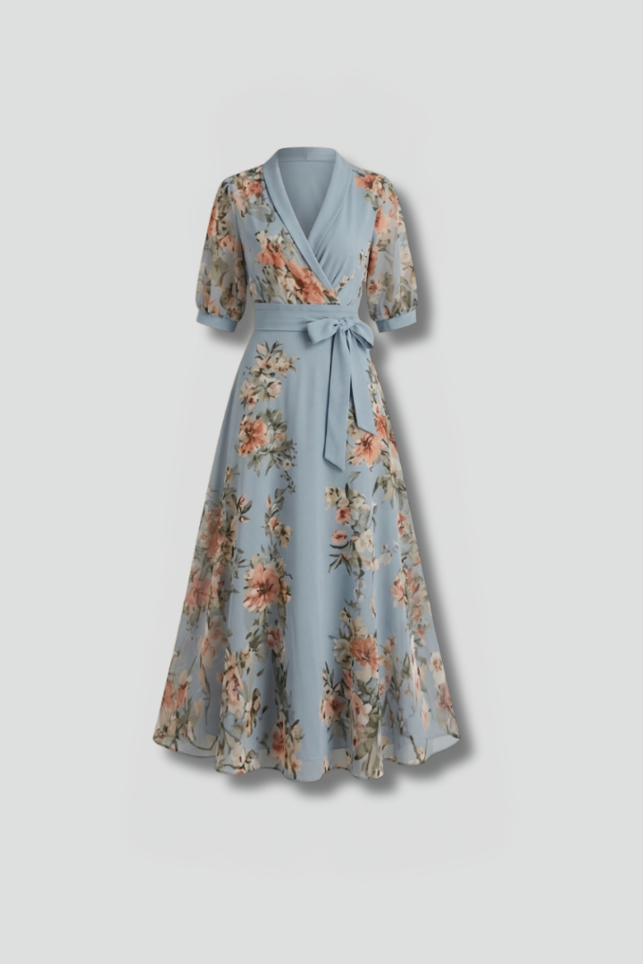 Women's midi dress - short sleeve v-neck patterned day dress for summer