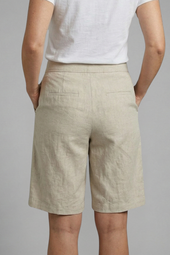 Women's shorts - straight leg knee-length linen bermuda shorts with elastic waist