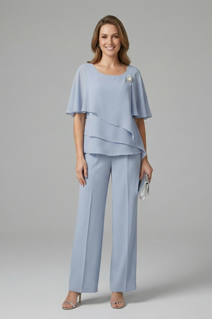 Women's two-piece set - short sleeve layered top and straight leg trousers | home