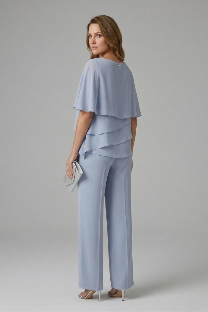 Women's two-piece set - short sleeve layered top and straight leg trousers | home