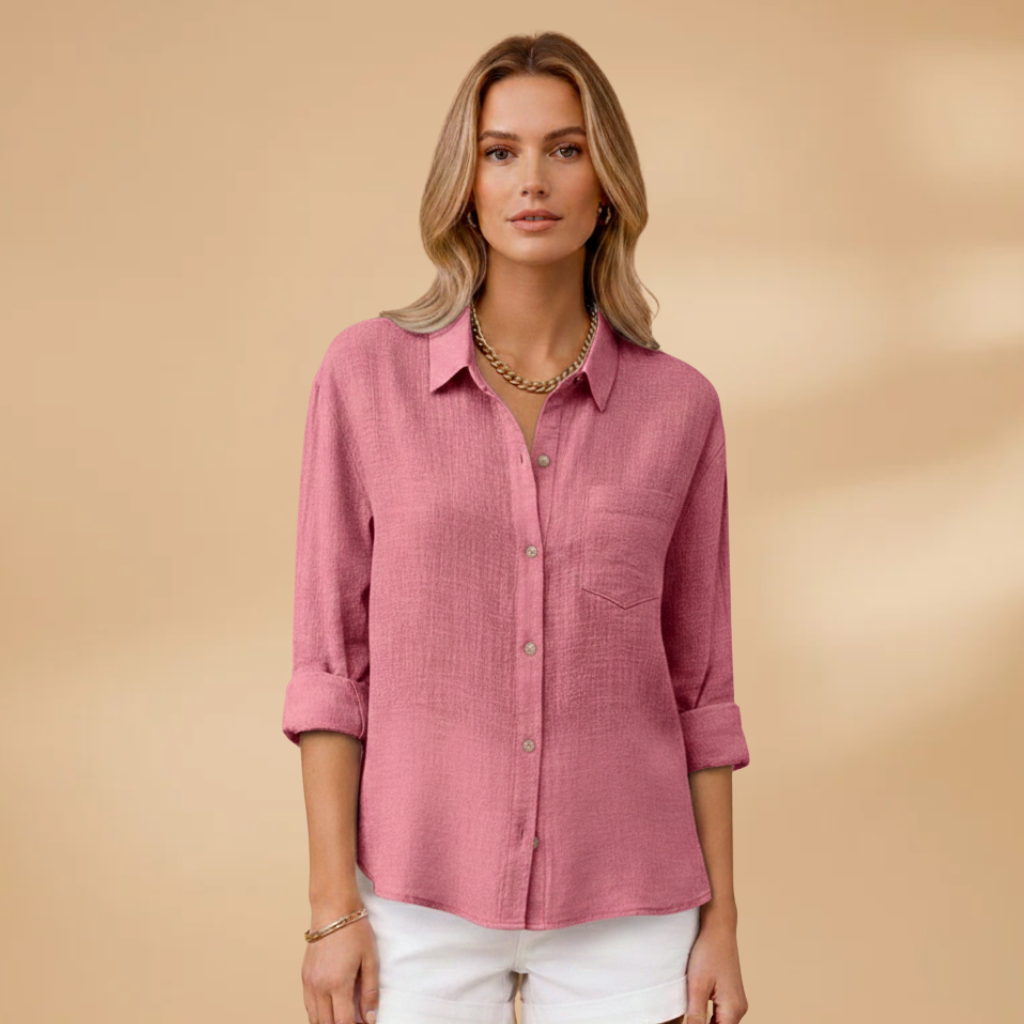 Women's short-sleeve blouse - tailored round neck shirt with button placket | home