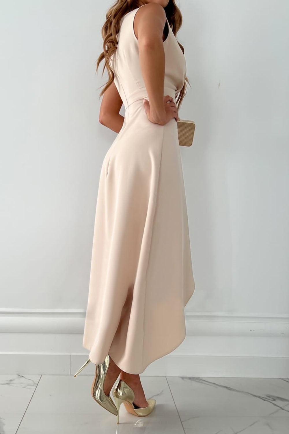 Women's midi dress - v-neck wrap style with midi length | semi-formal