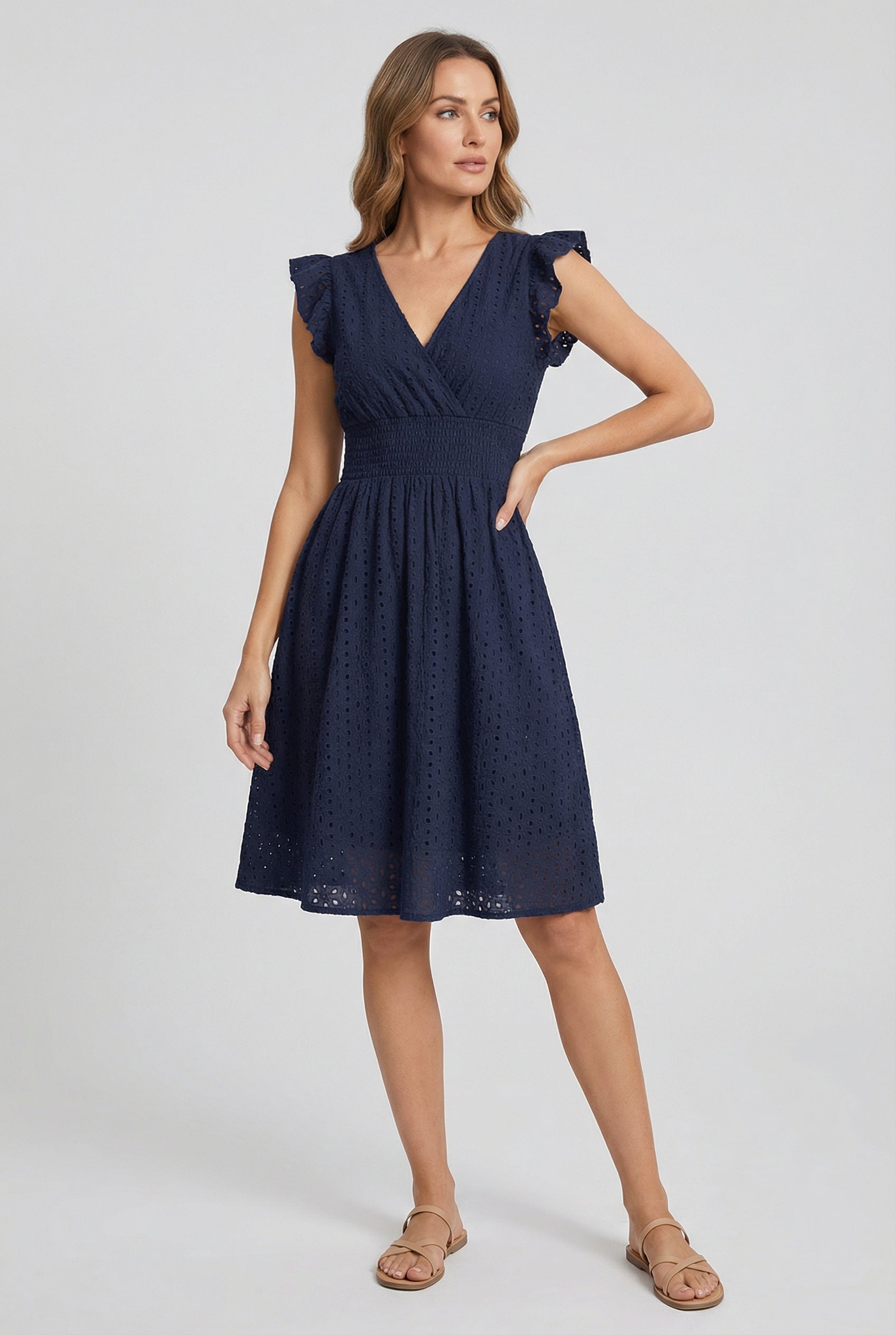 Women's A-line dress - eyelet midi summer dress with smocked waist | garden party
