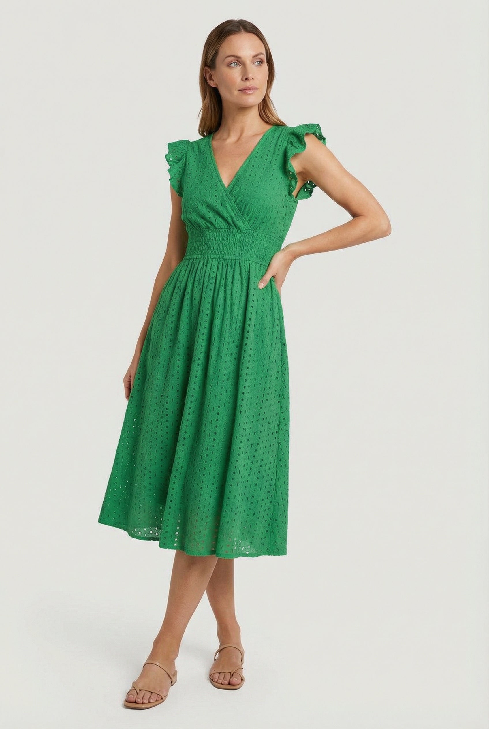 Women's A-line dress - eyelet midi summer dress with smocked waist | garden party