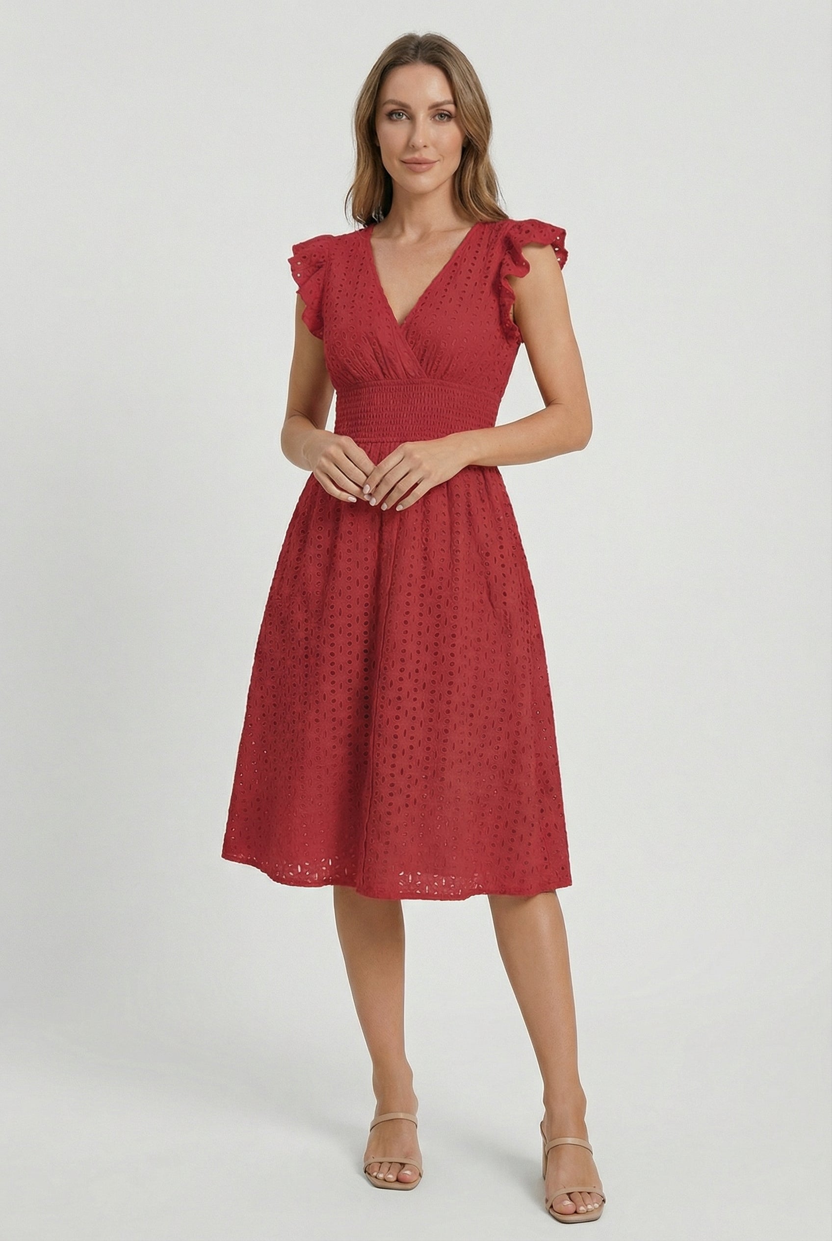 Women's A-line dress - eyelet midi summer dress with smocked waist | garden party