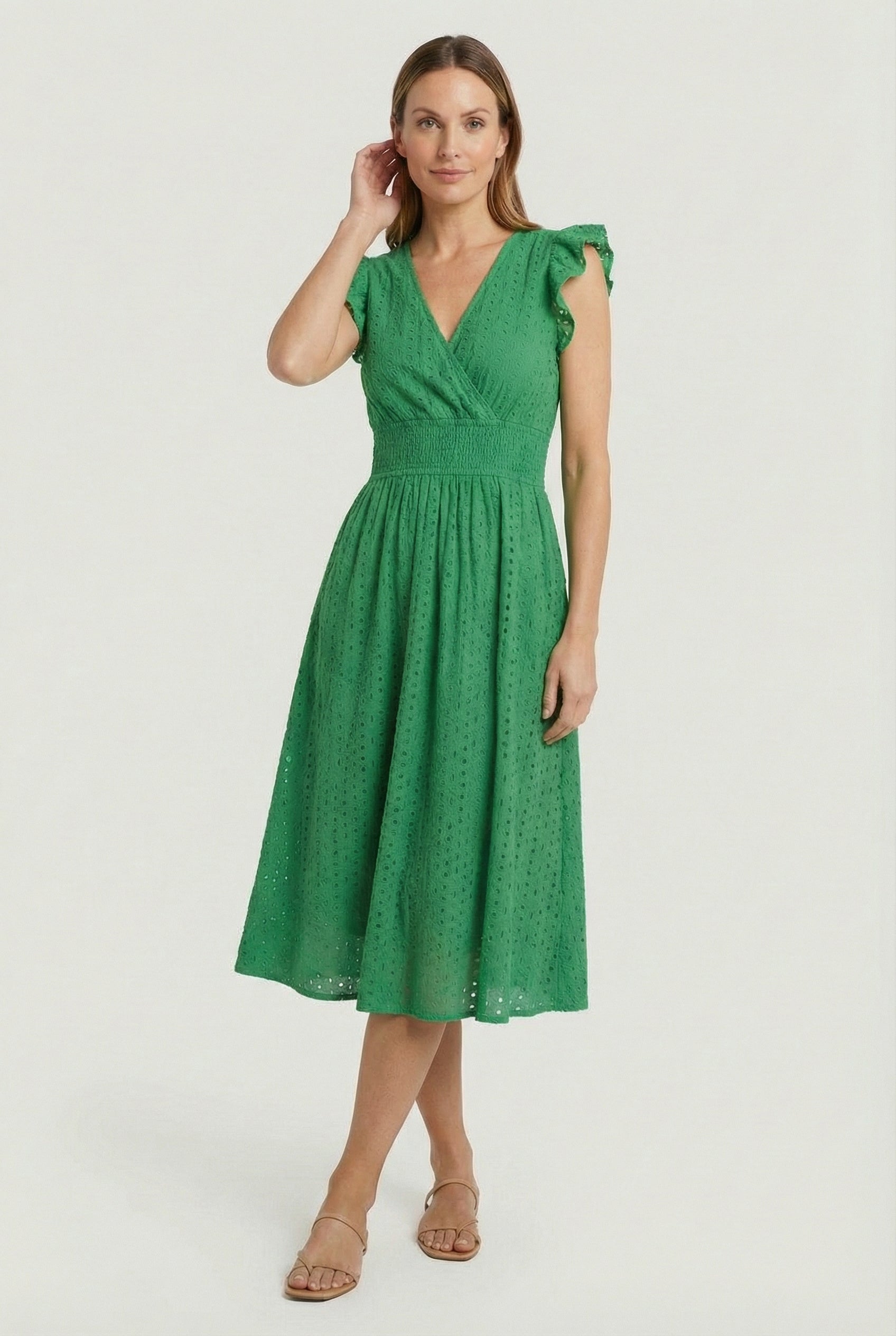 Women's A-line dress - eyelet midi summer dress with smocked waist | garden party