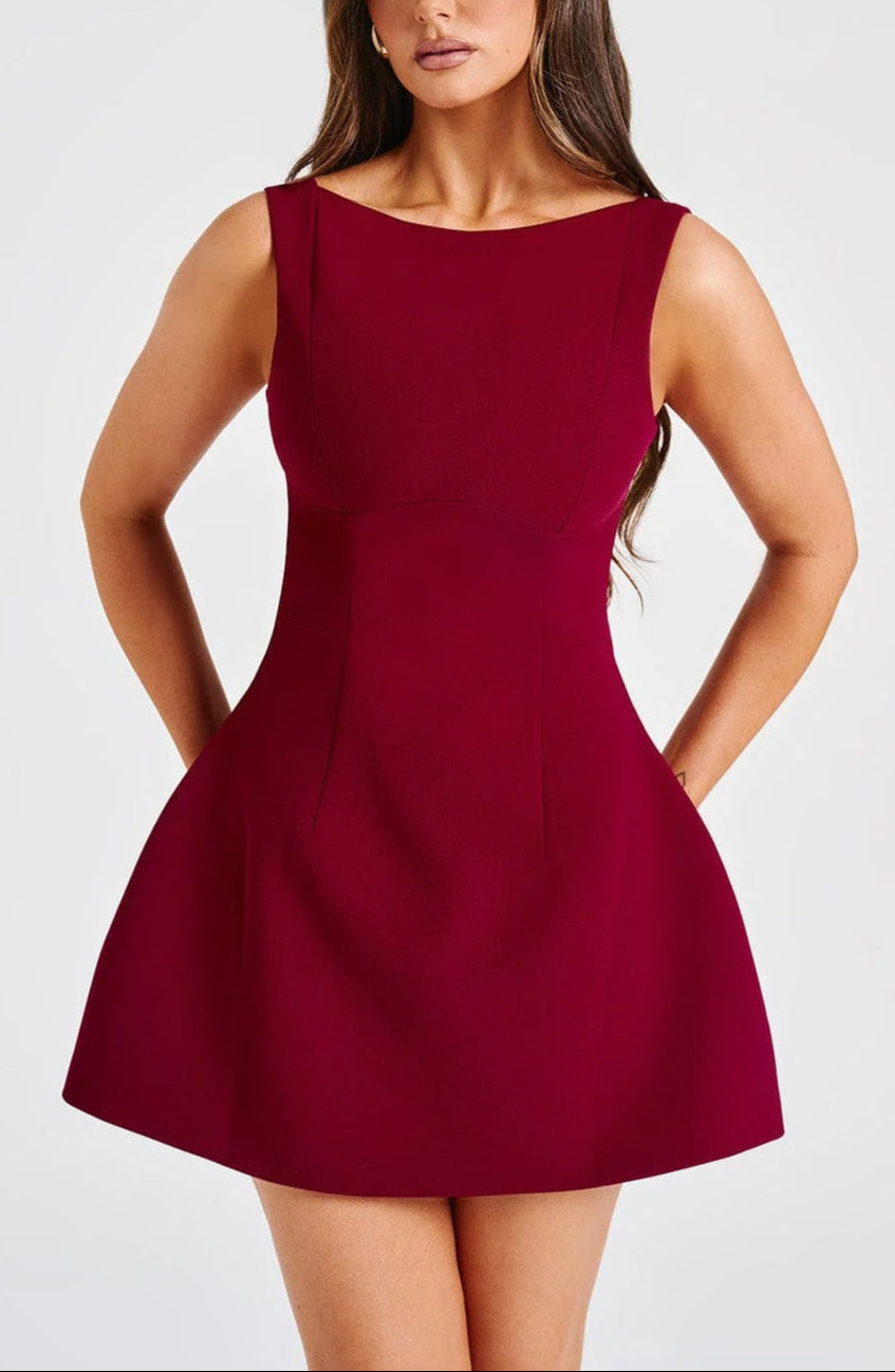 Women's mini dress - crepe bubble skirt with boat neckline | cocktail party