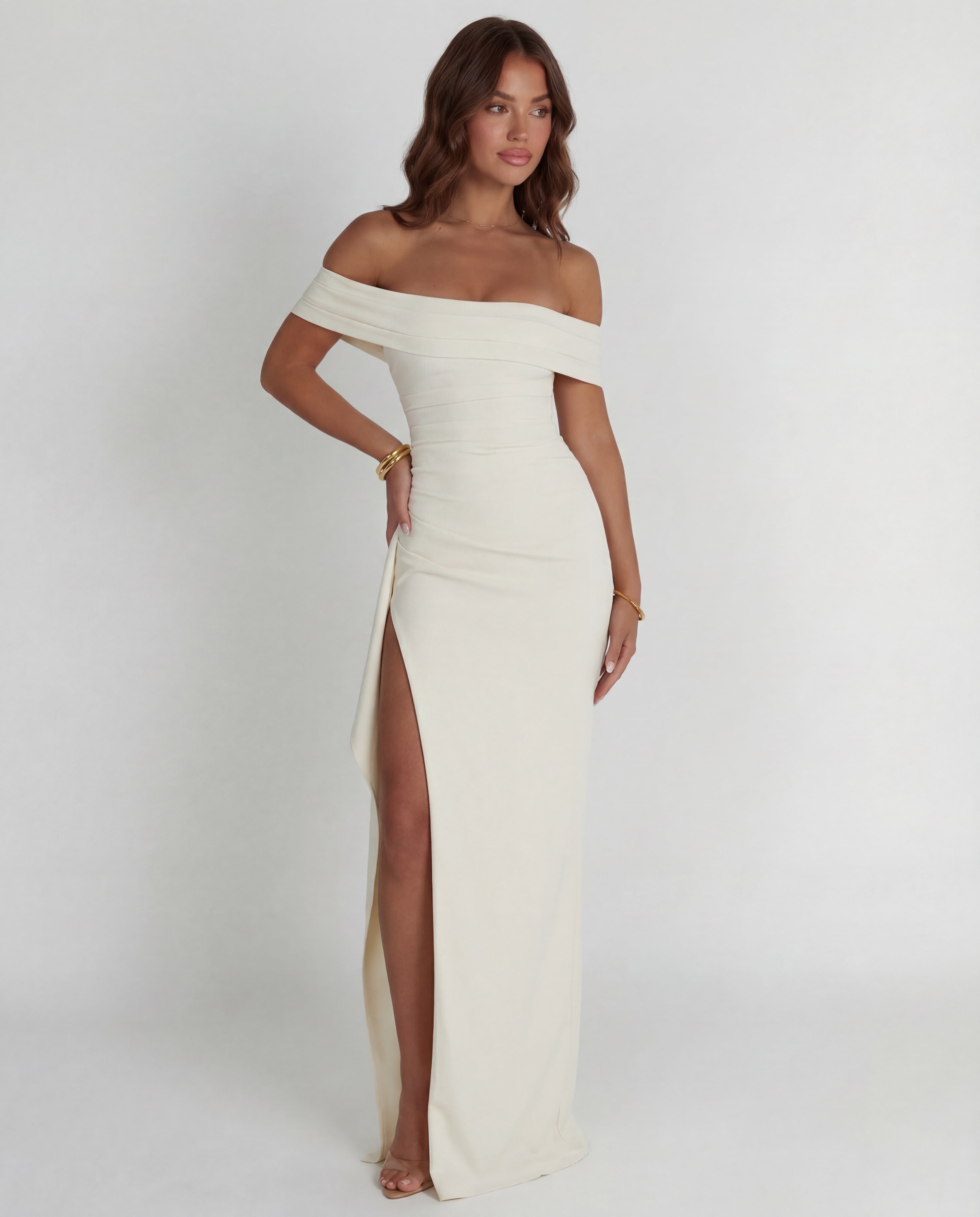 Women's maxi dress - off-shoulder ruched with side slit | gala and formal