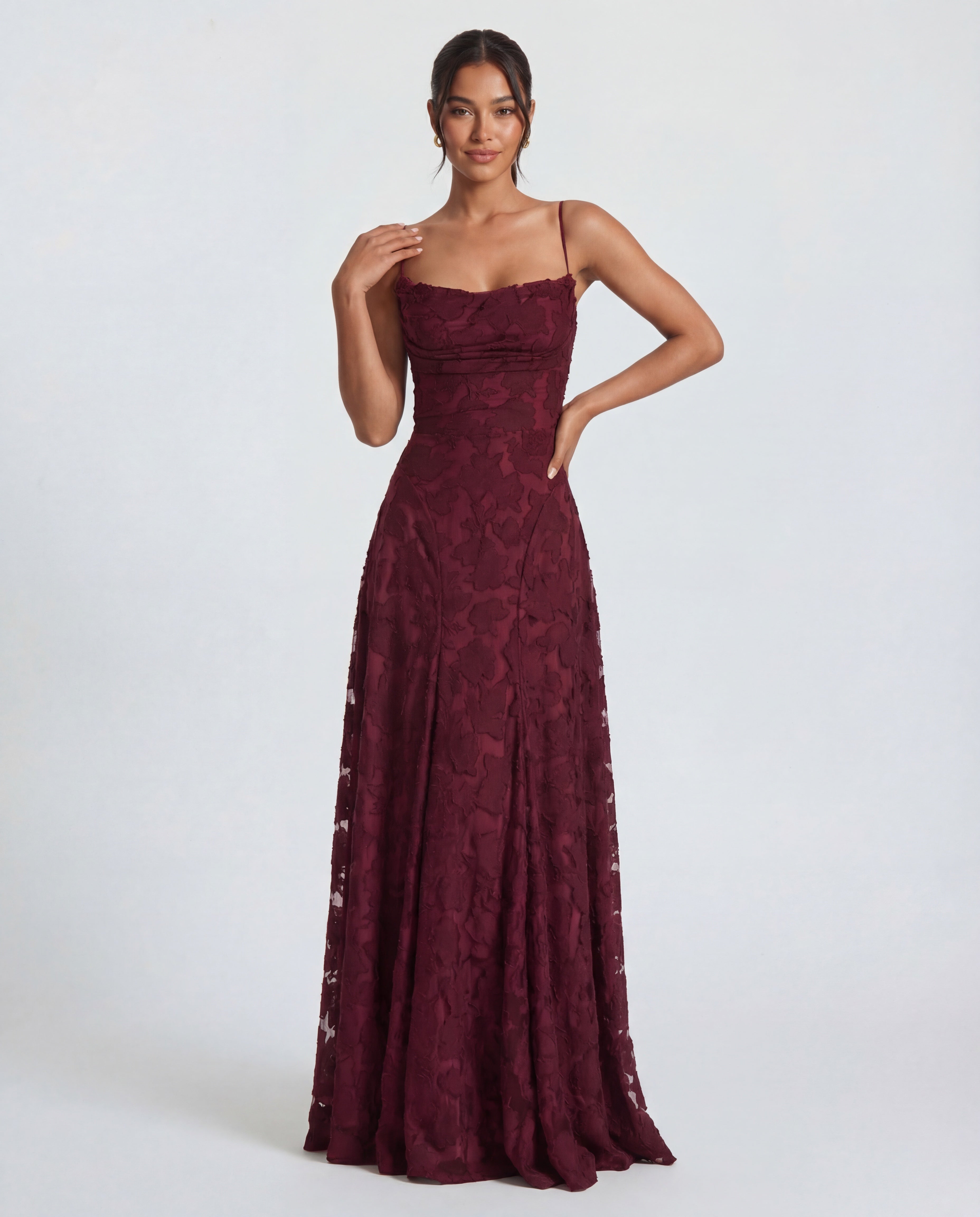 Women's maxi dress - lace-up back with floral burnout jersey | summer evening