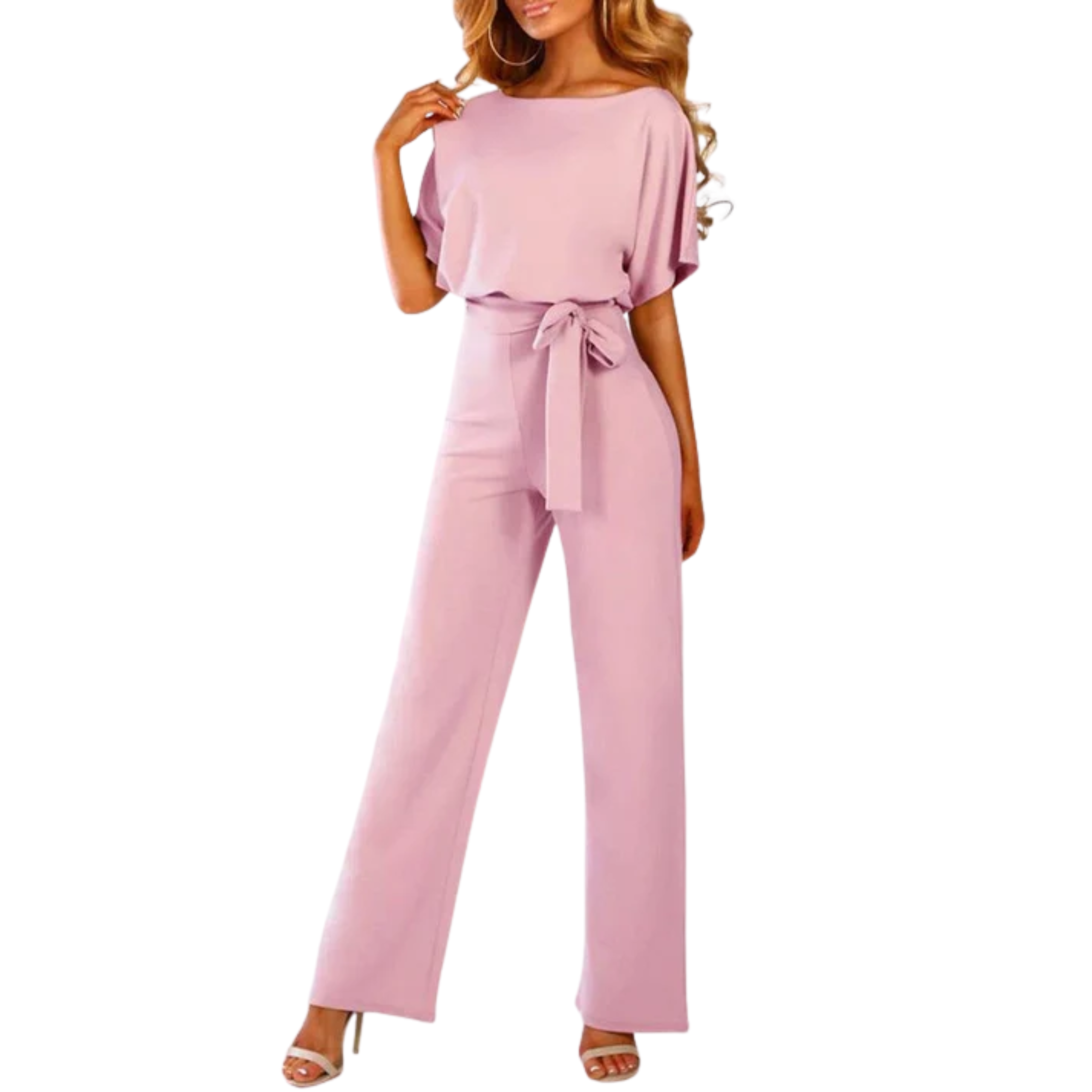 Women's short-sleeve jumpsuit — tie waist wide leg — casual events