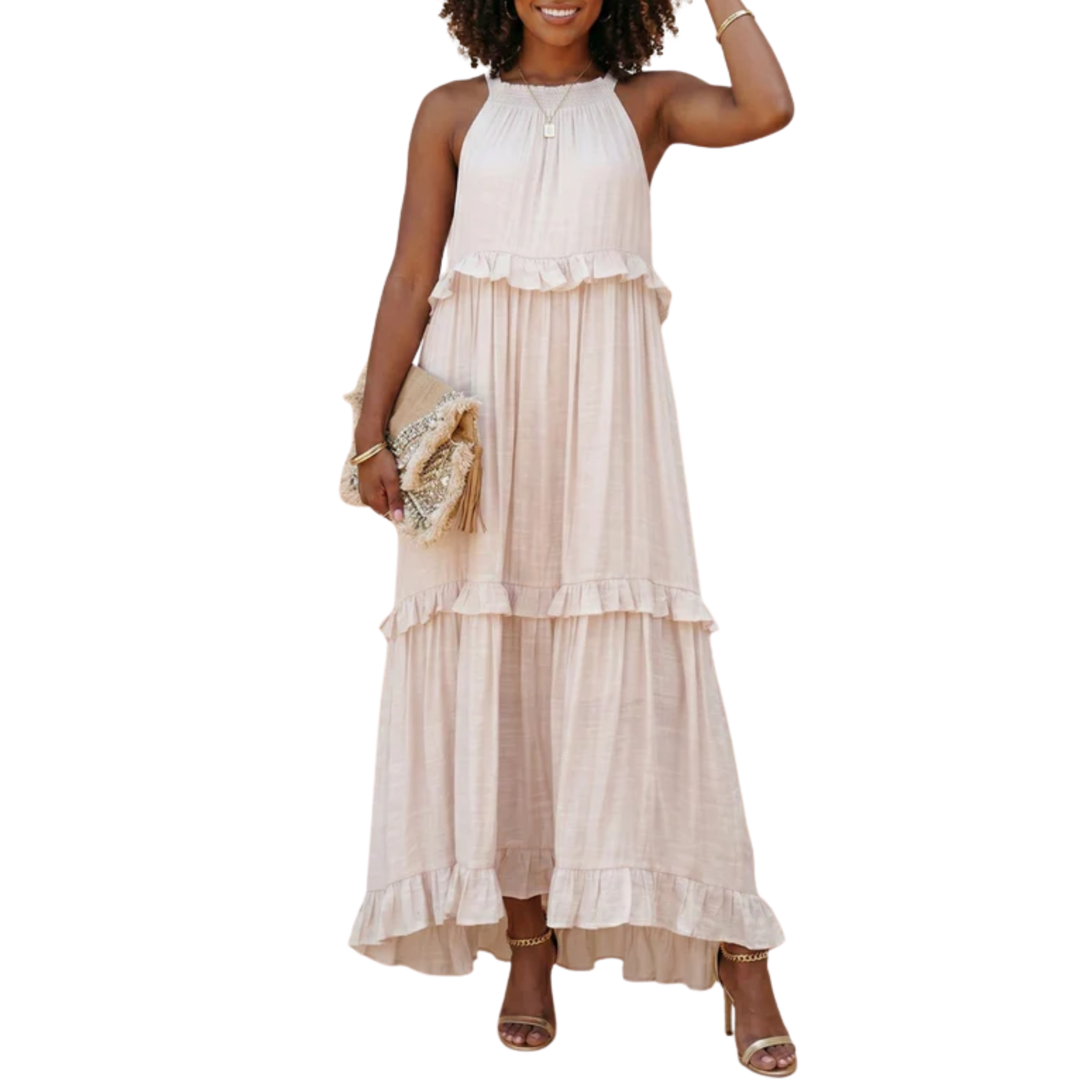 Women's Tiered Maxi Dress Halter Neck Cotton Blend Sleeveless Flowing Wedding Guest Dress