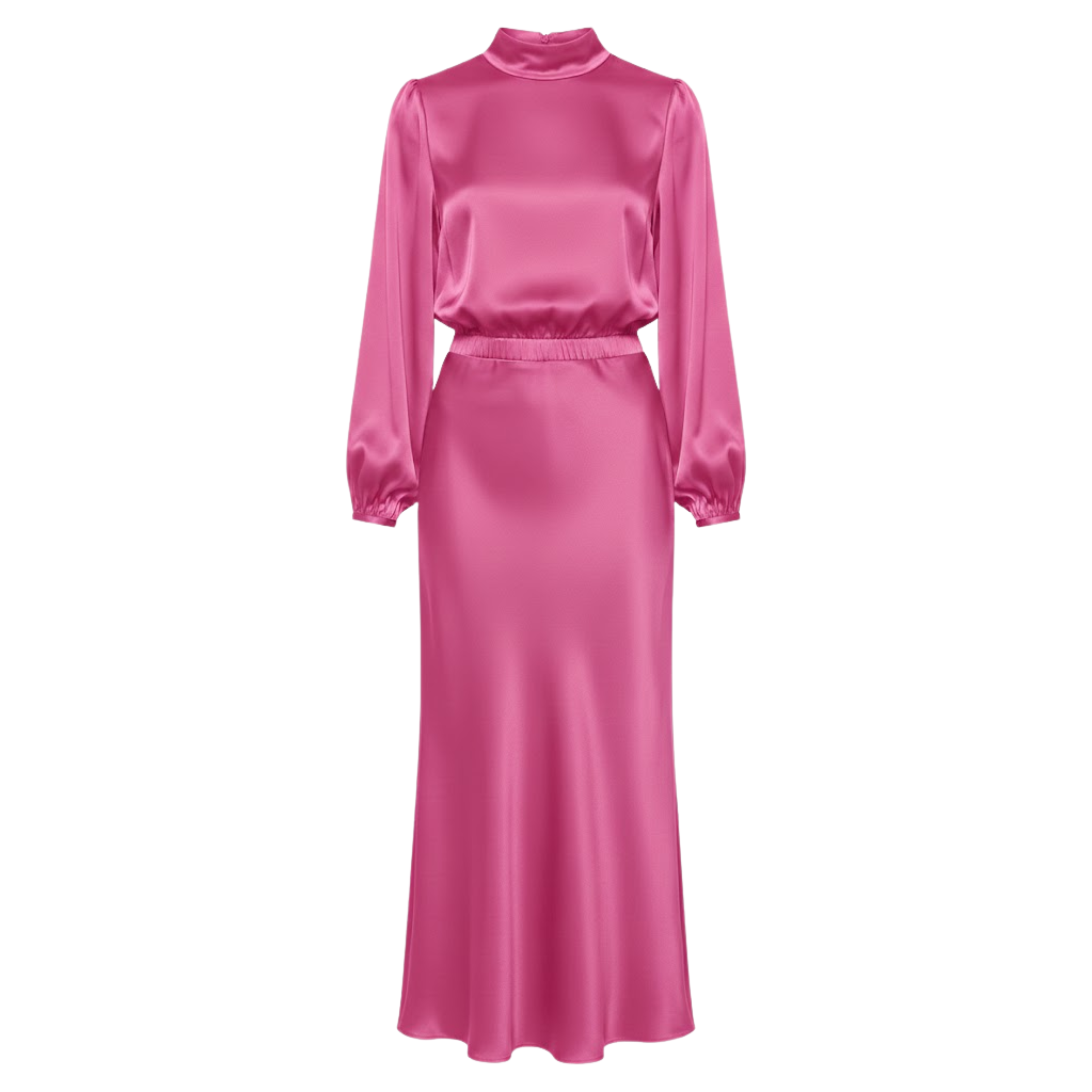 Satin High Neck Maxi Dress Long Sleeve Empire Waist Asymmetrical Evening Party Gown