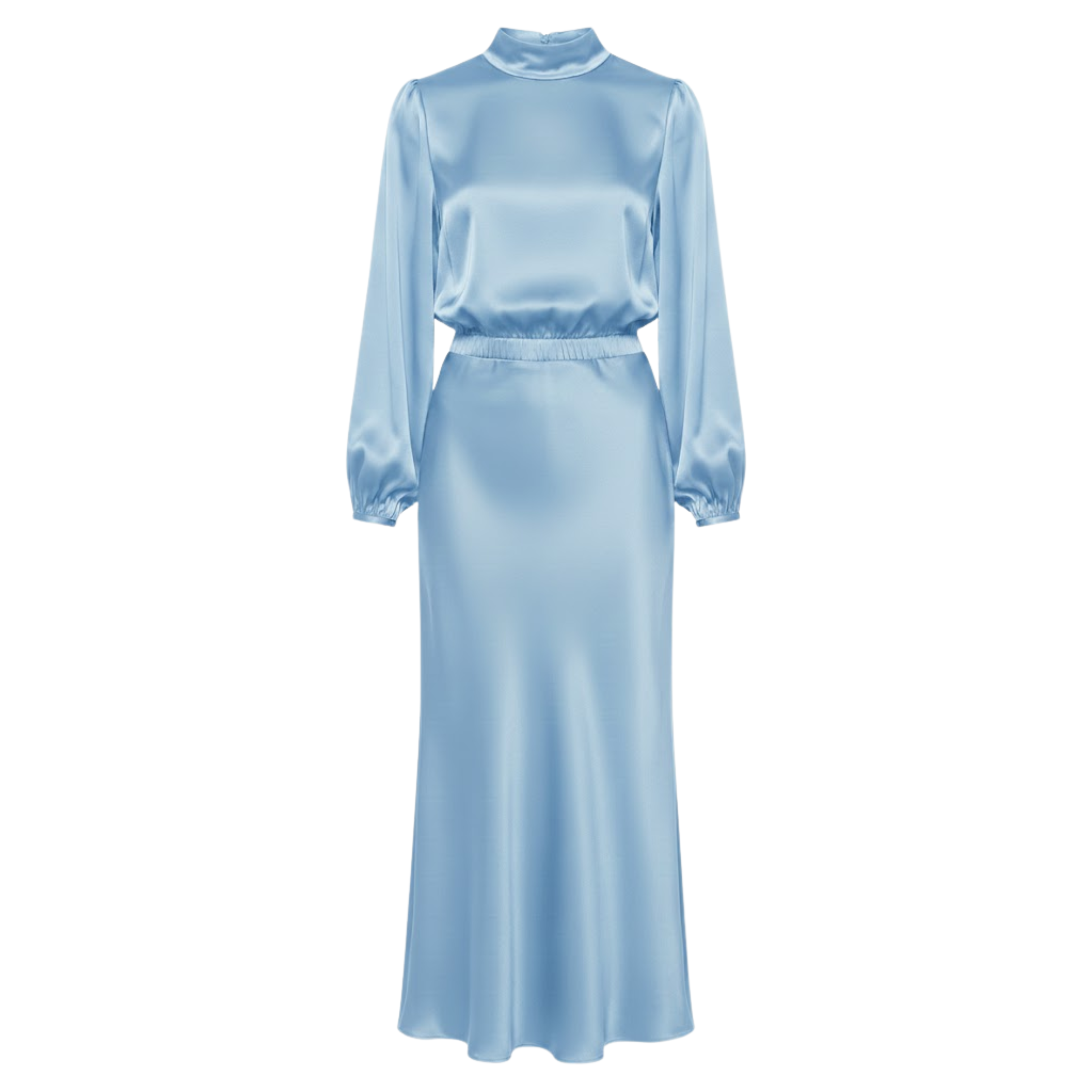 Satin High Neck Maxi Dress Long Sleeve Empire Waist Asymmetrical Evening Party Gown