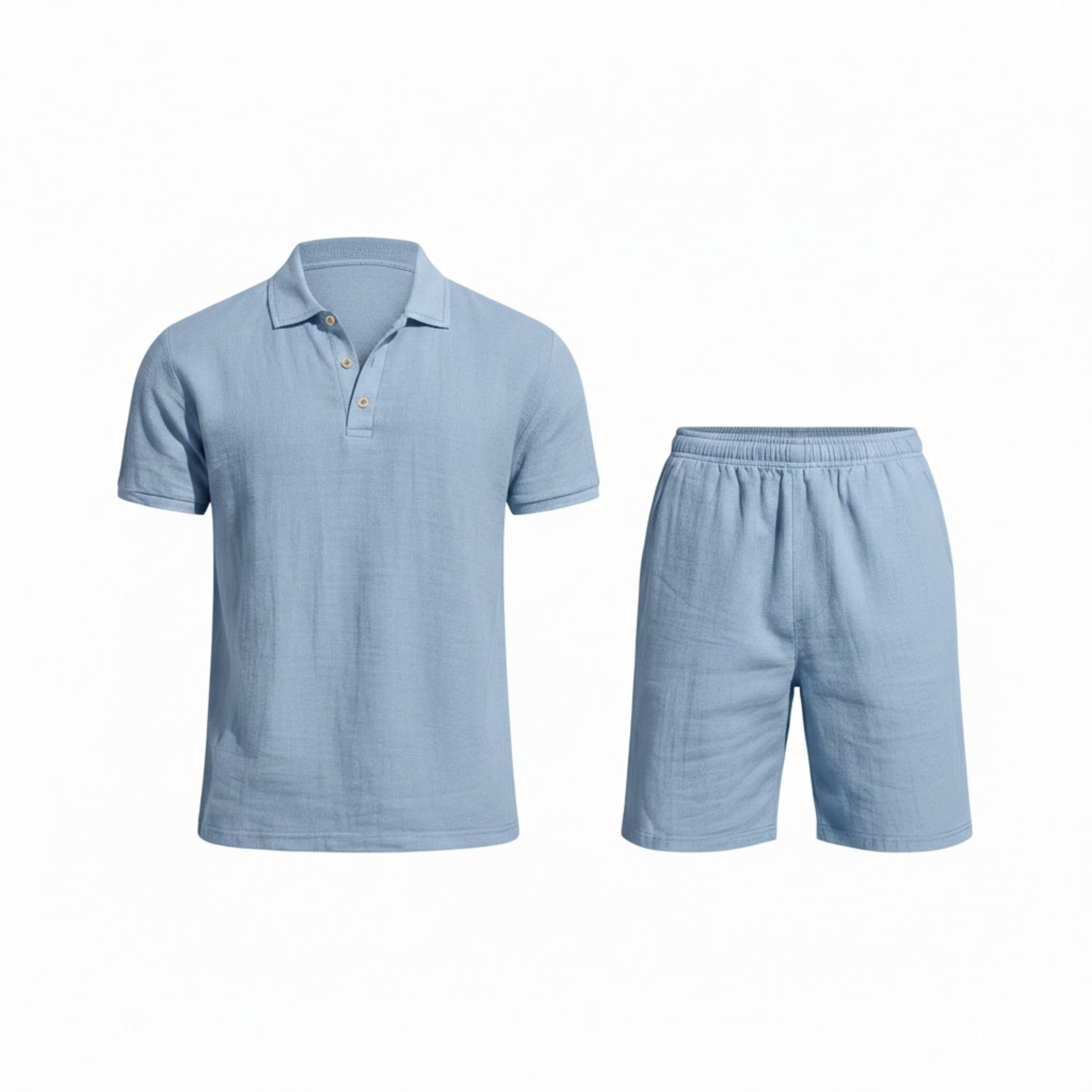 Men's Two Piece Linen Set Short Sleeve Polo Shirt and Drawstring Shorts Casual Suit