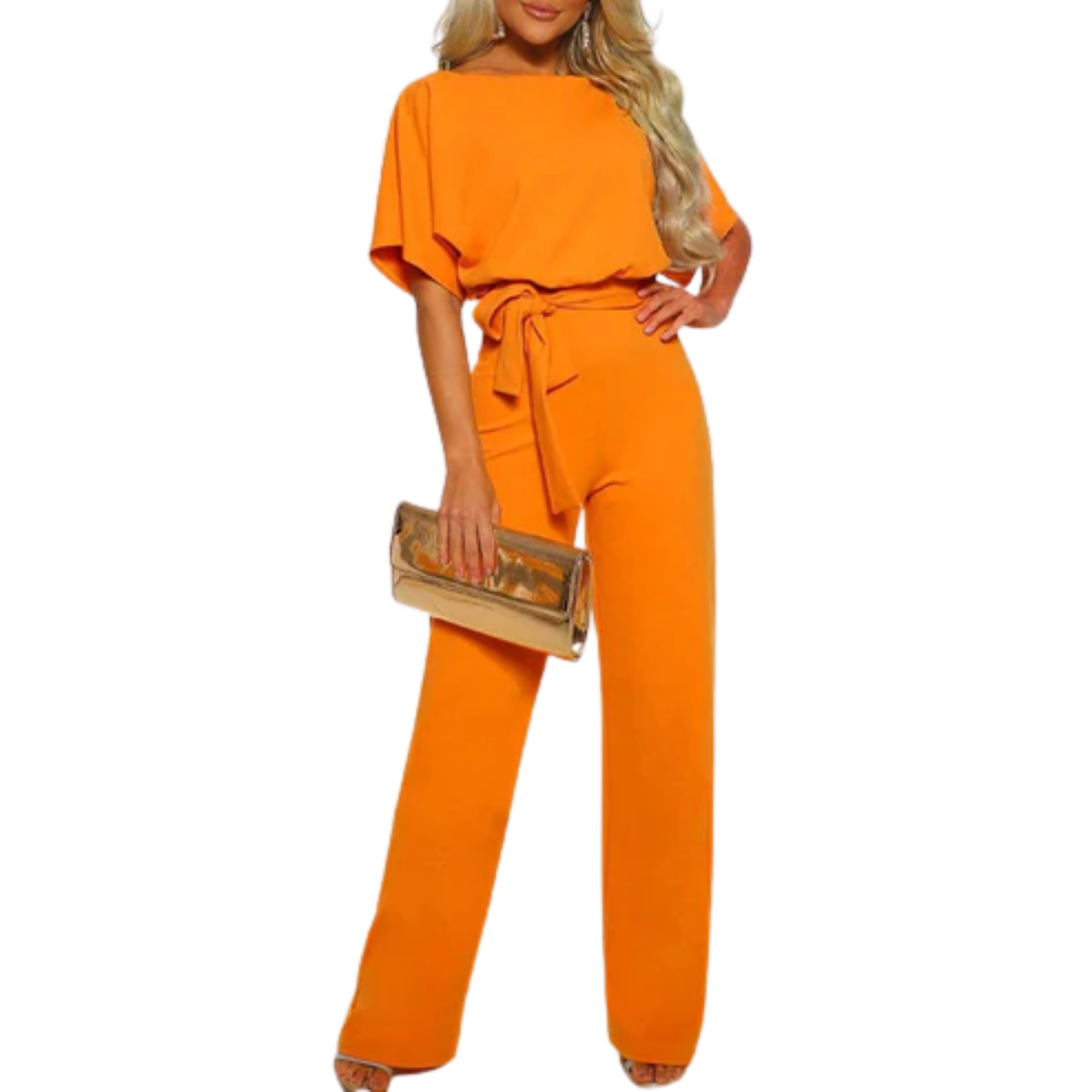 Women's short-sleeve jumpsuit — tie waist wide leg — casual events