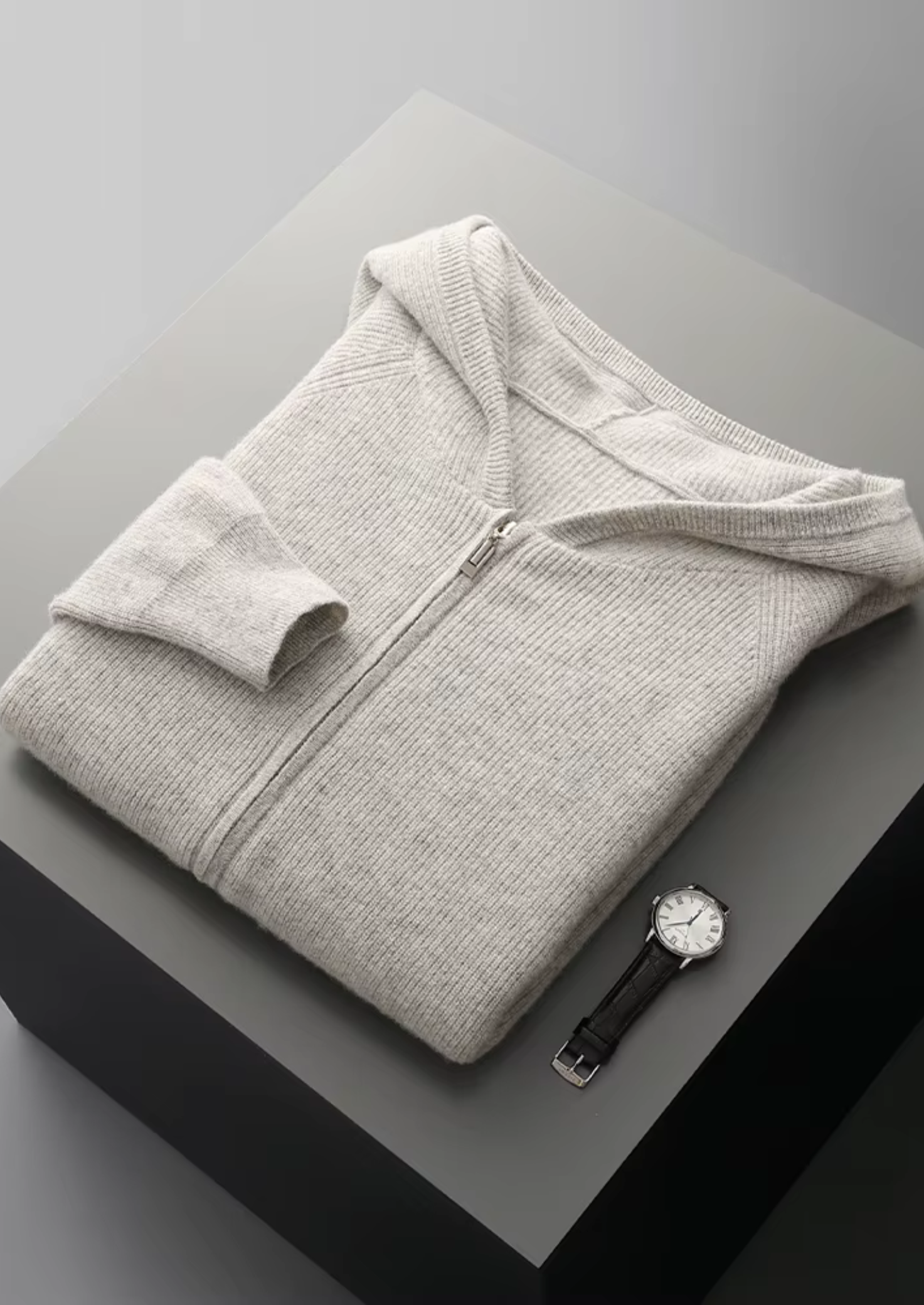 Veroux Mode | Men’s Pure Extra-Fine Merino Wool Ribbed Zip Hoodie