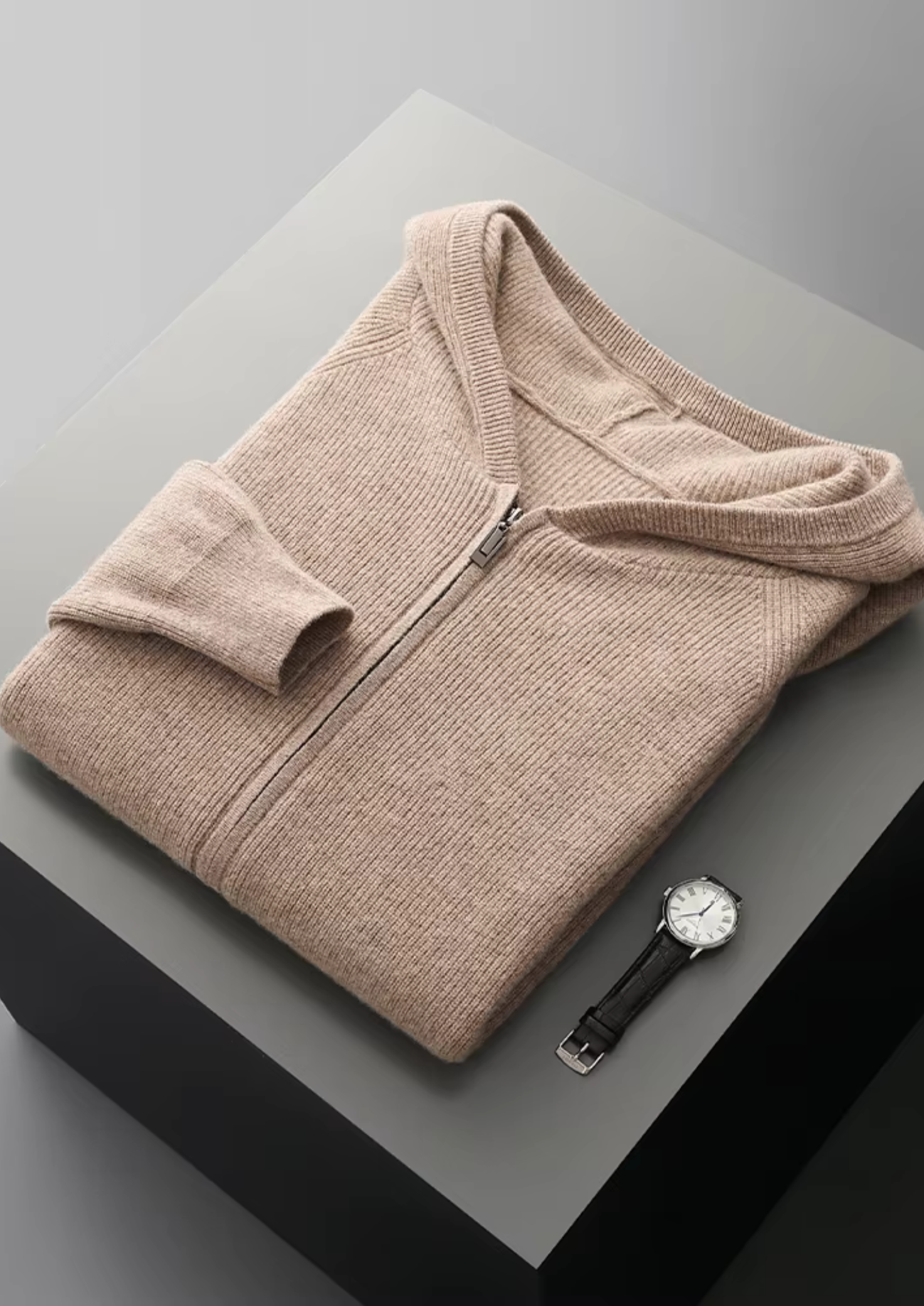 Veroux Mode | Men’s Pure Extra-Fine Merino Wool Ribbed Zip Hoodie