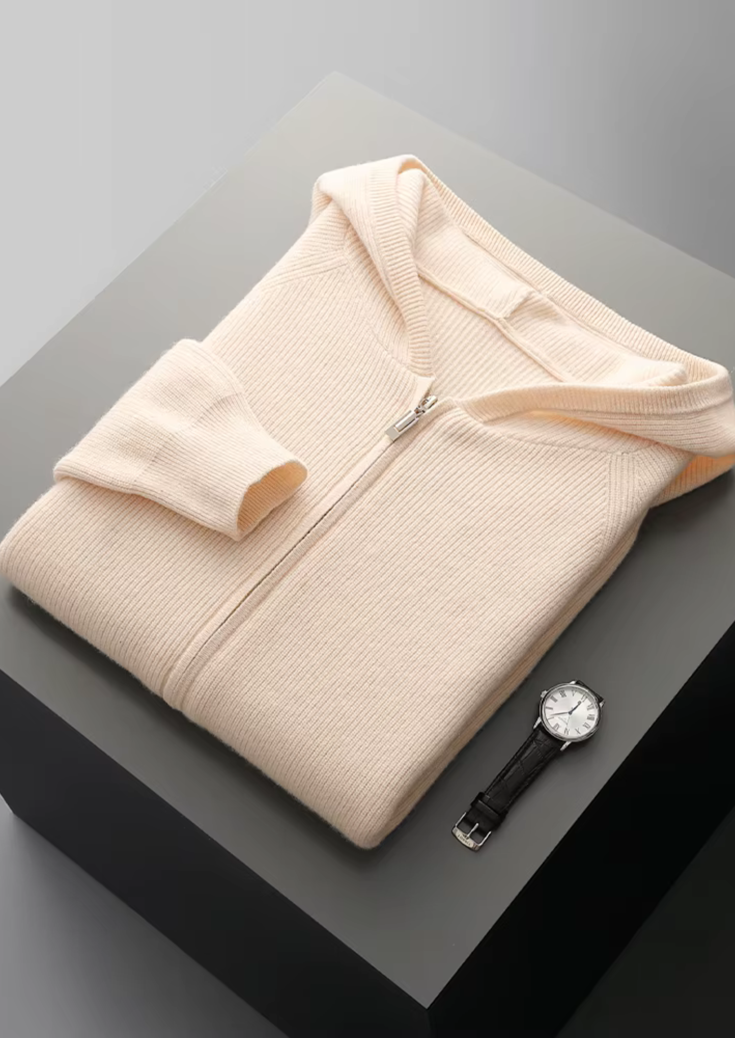 Veroux Mode | Men’s Pure Extra-Fine Merino Wool Ribbed Zip Hoodie