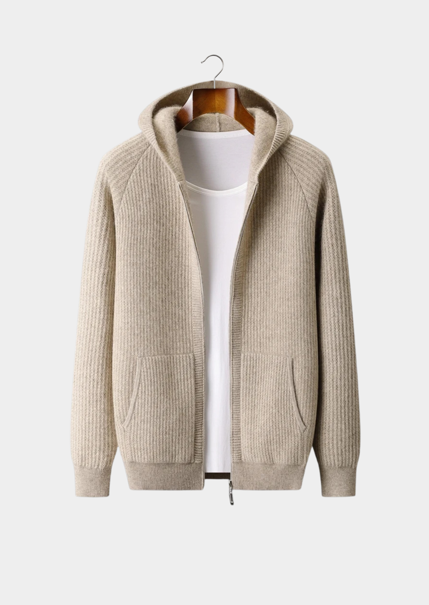 Veroux Mode | Men’s Pure Extra-Fine Merino Wool Ribbed Zipper Hoodie