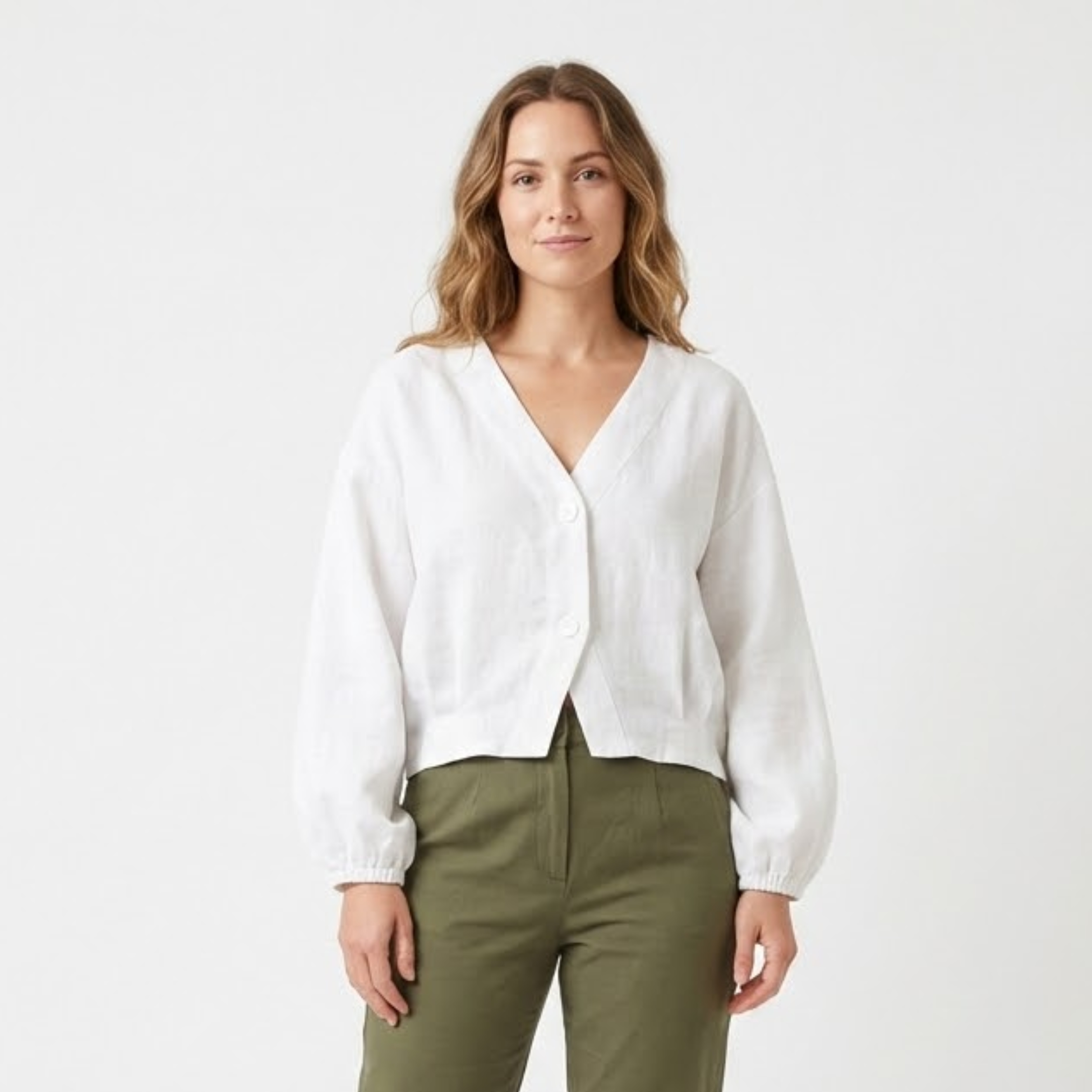 Women's Loose Cotton V-Neck Shirt Batwing Sleeve Lightweight Button Down Blouse