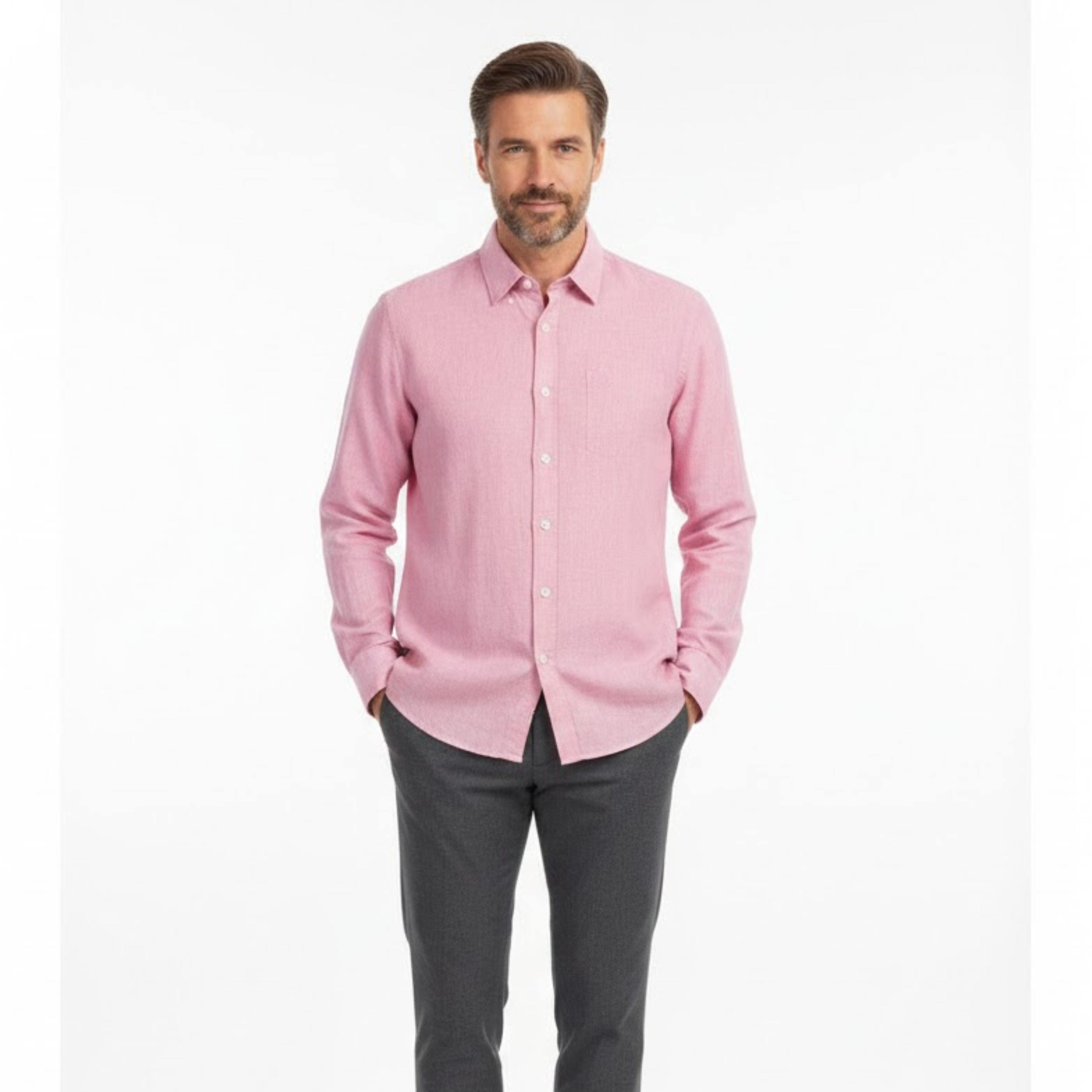 Men's Cotton Linen Shirt Long Sleeve Turn-Down Collar Casual Single Breasted Top