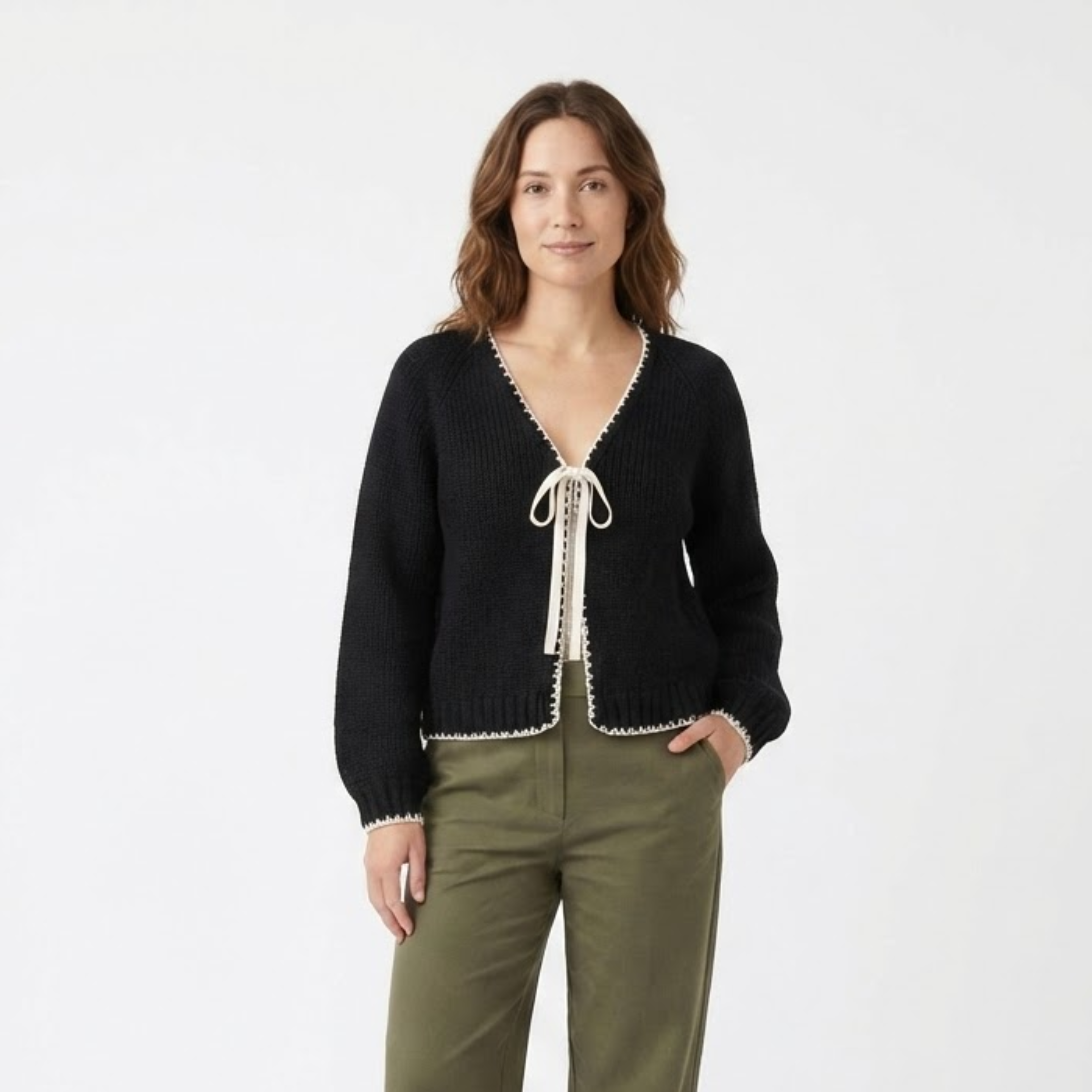 Women's Tie Front Cardigan Long Sleeve Knit V-Neck Bow Sweater Loose Fit Outerwear