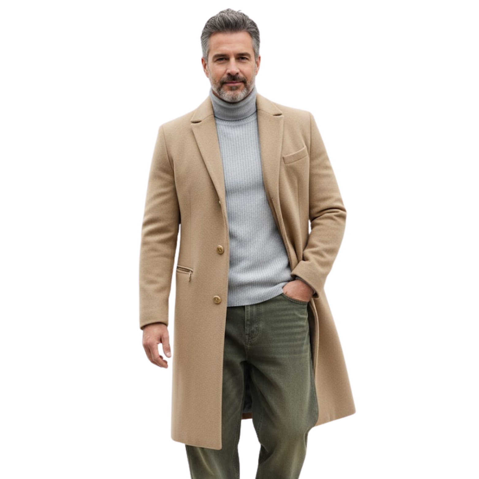 Men's Mid-Length Wool Blend Overcoat Single Breasted Slim Fit Trench Coat Jacket