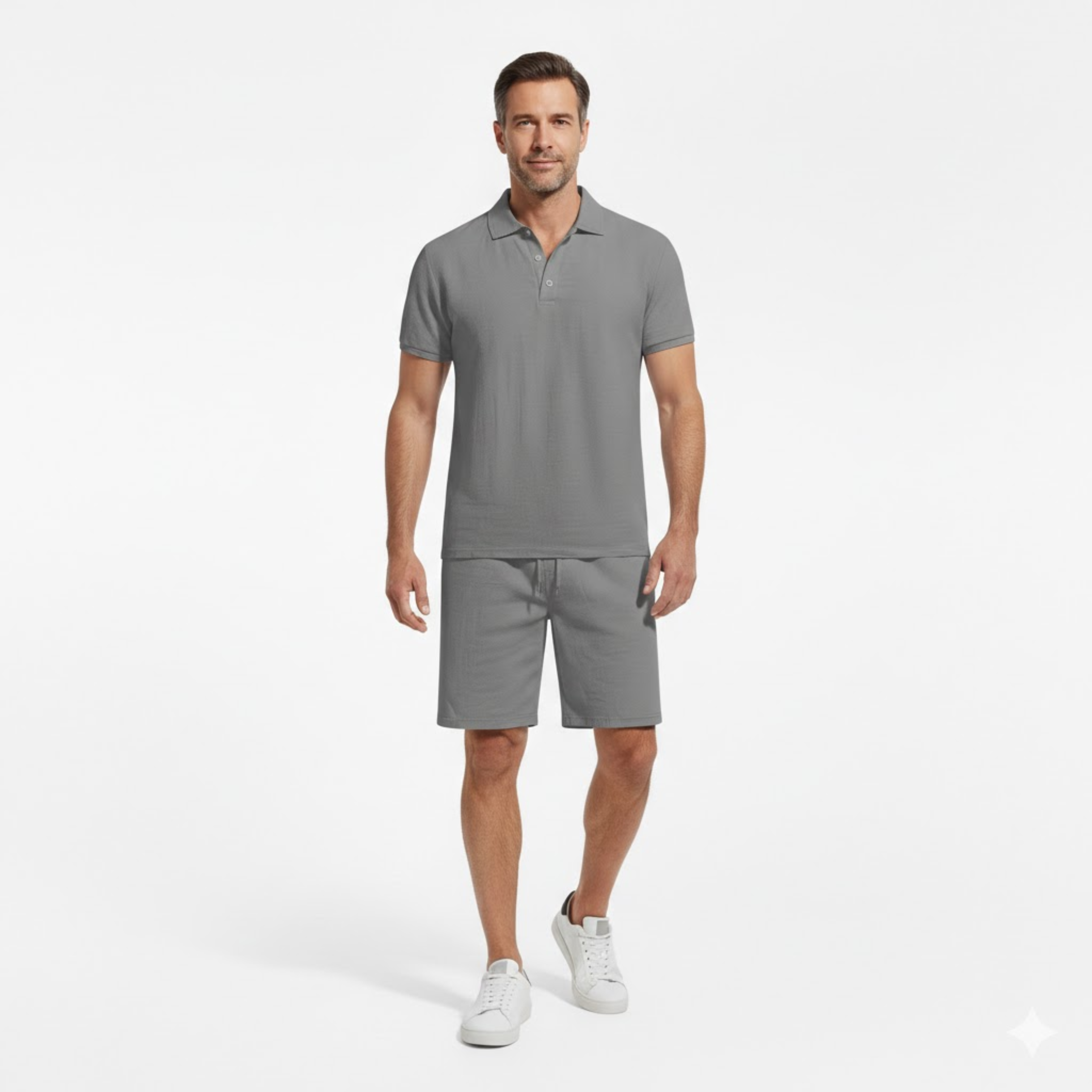 Men's Two Piece Linen Set Short Sleeve Polo Shirt and Drawstring Shorts Casual Suit