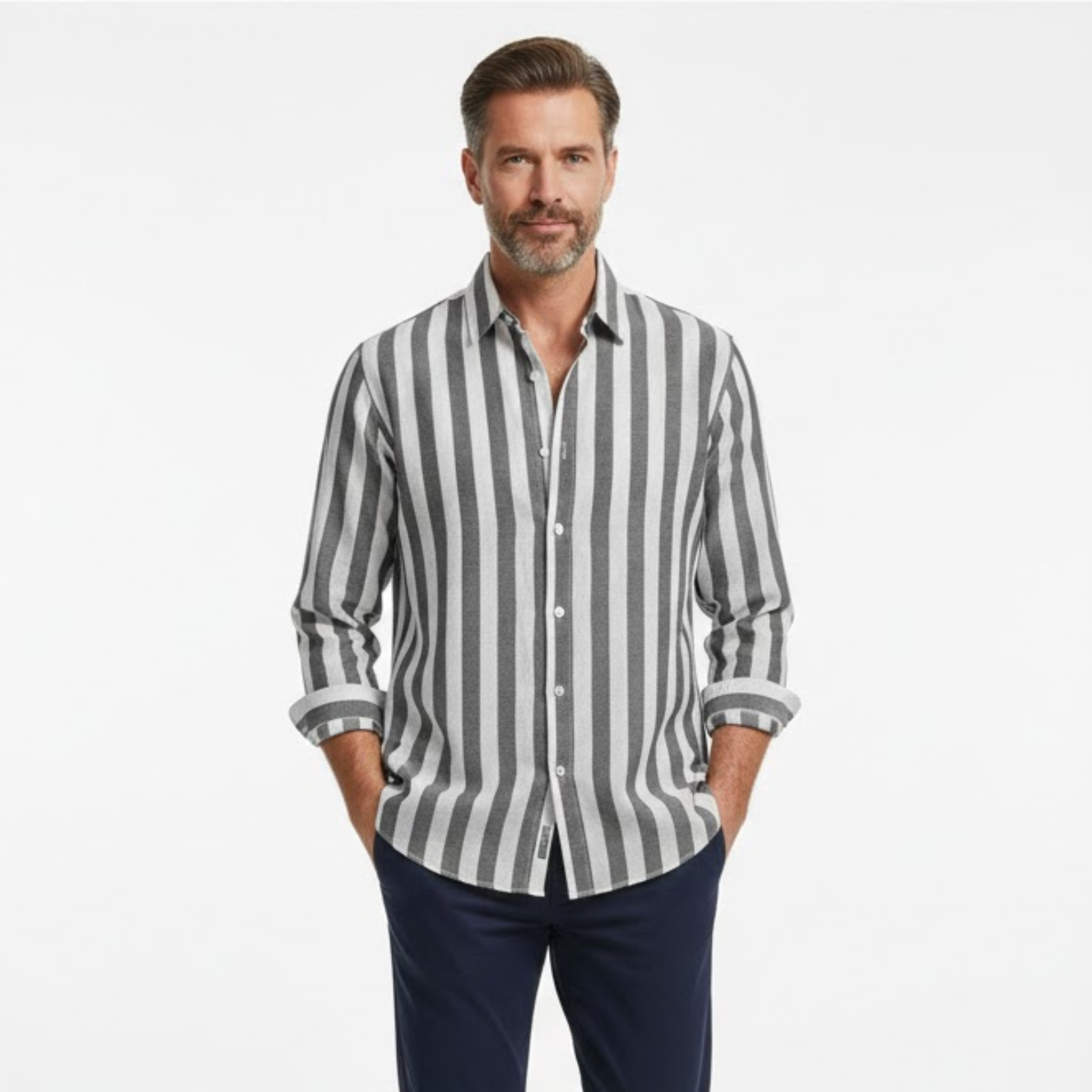 Men's Striped Casual Shirt Long Sleeve Turn-Down Collar Single Breasted Polyester Top