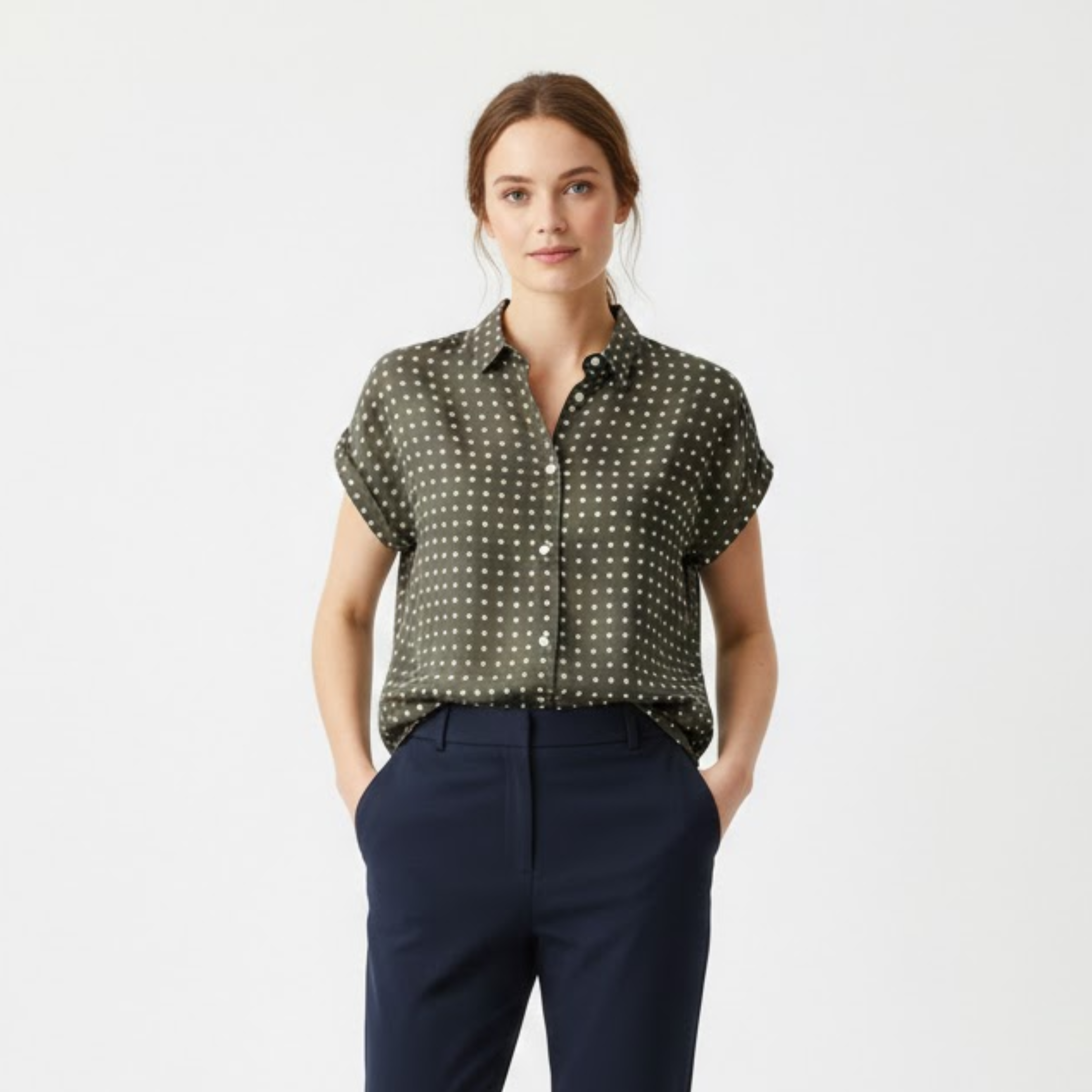 Women's Polka Dot Cotton Linen Shirt Short Sleeve Loose Fit Pleated Collar Blouse