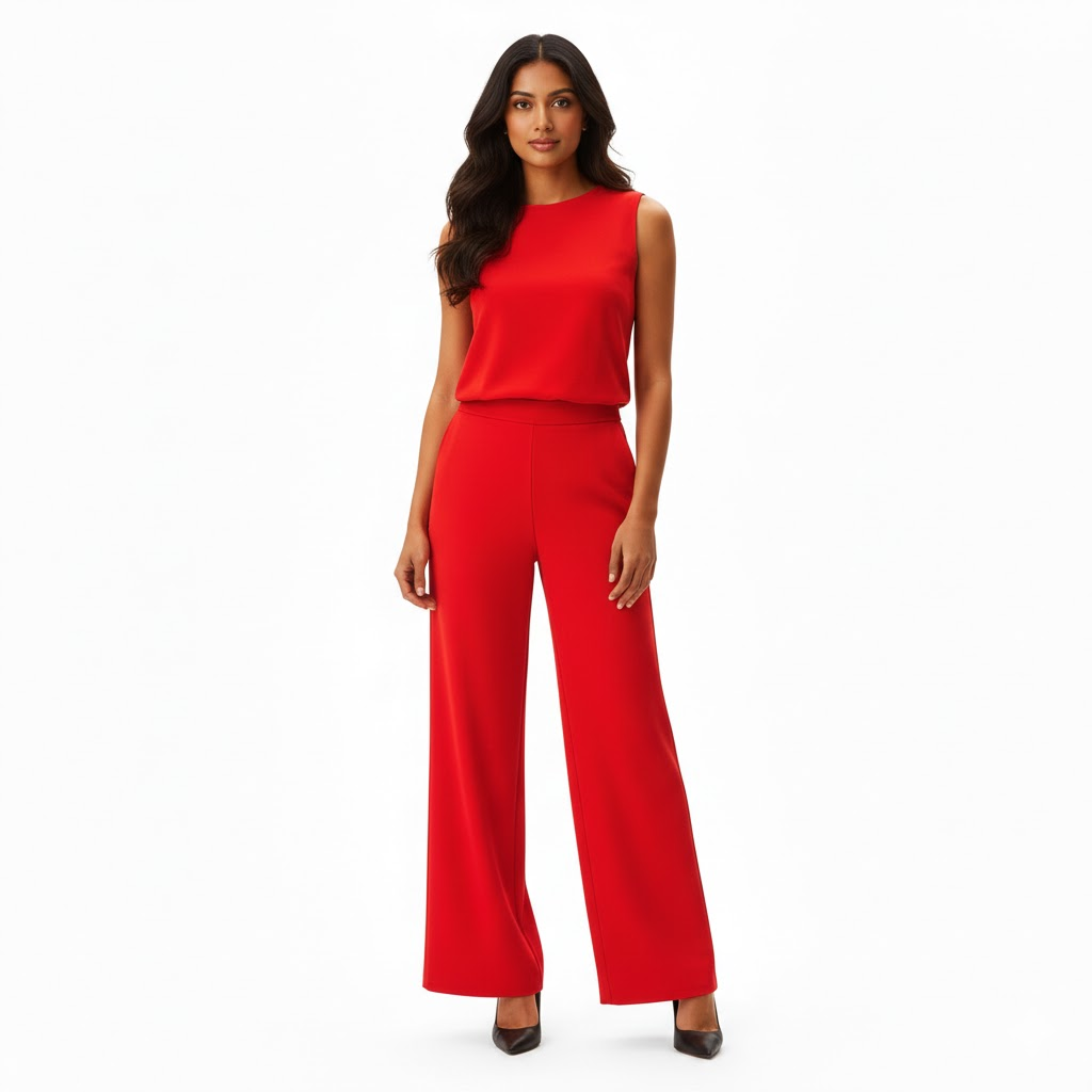 Women's Sleeveless Wide Leg Jumpsuit with Mock Neck and Full Length Trousers