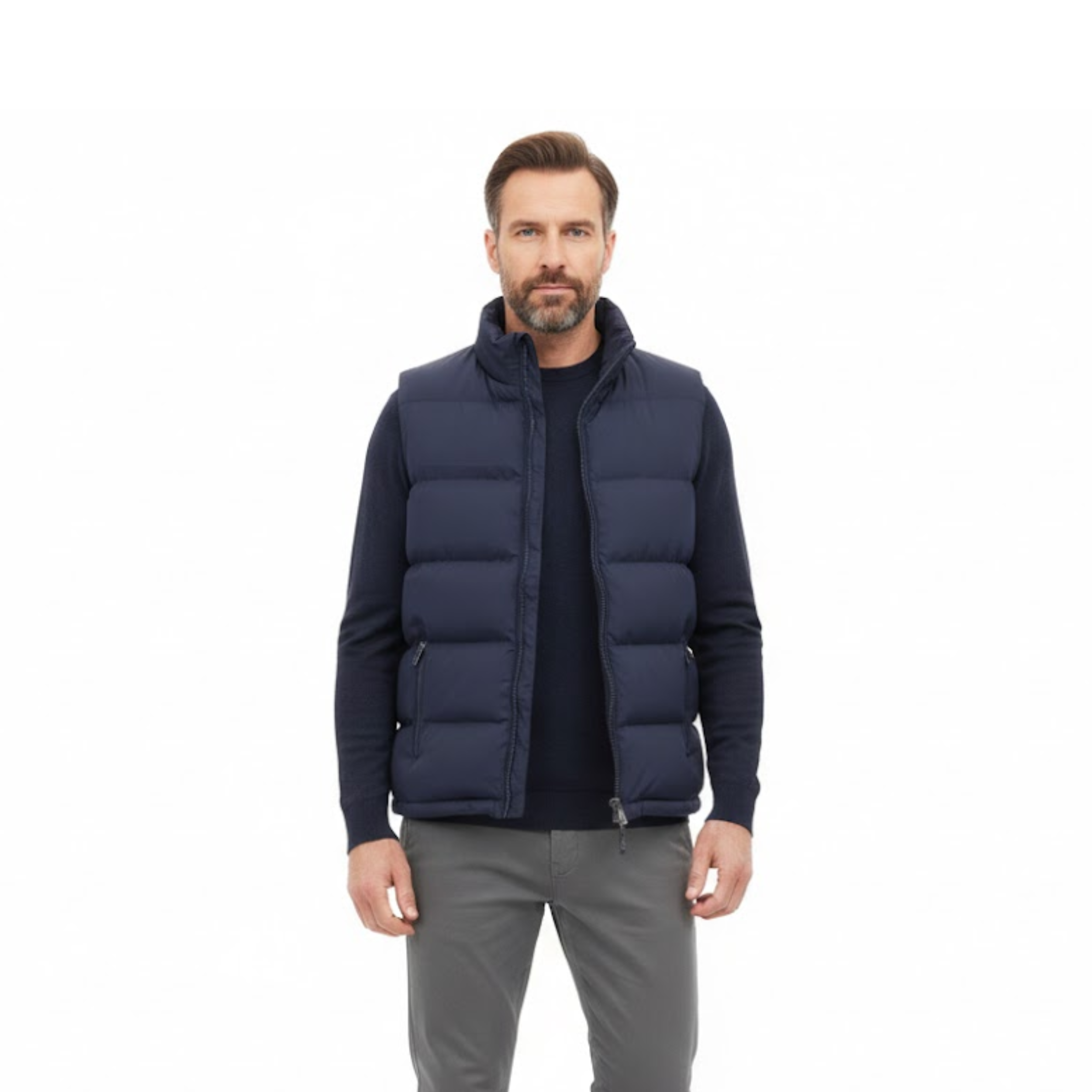 Men's Puffer Vest Cotton Padded Sleeveless Jacket with Zipper Pockets and Stand Collar