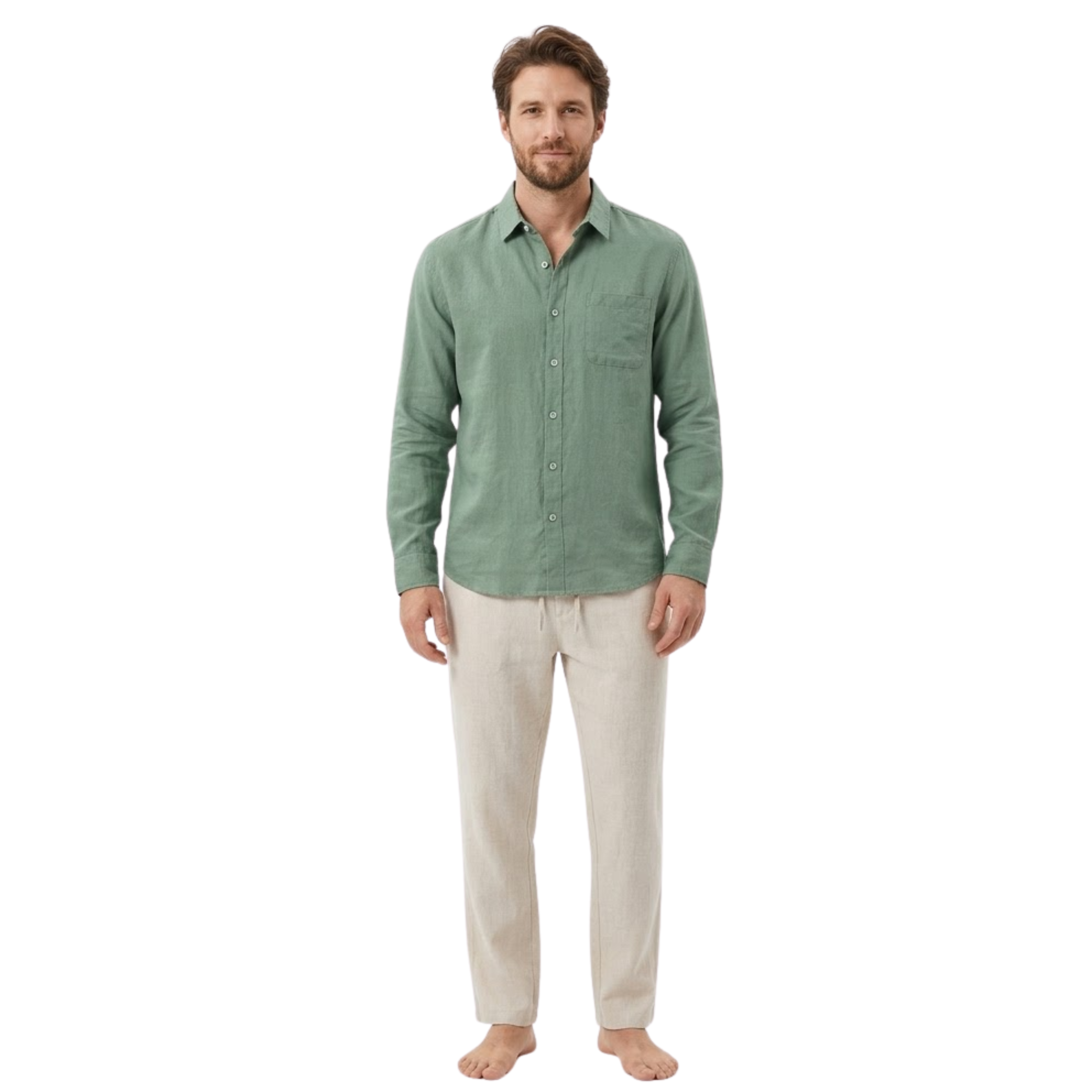 Men's Linen Long Sleeve Shirt and Trousers Set Casual Two Piece Matching Outfit