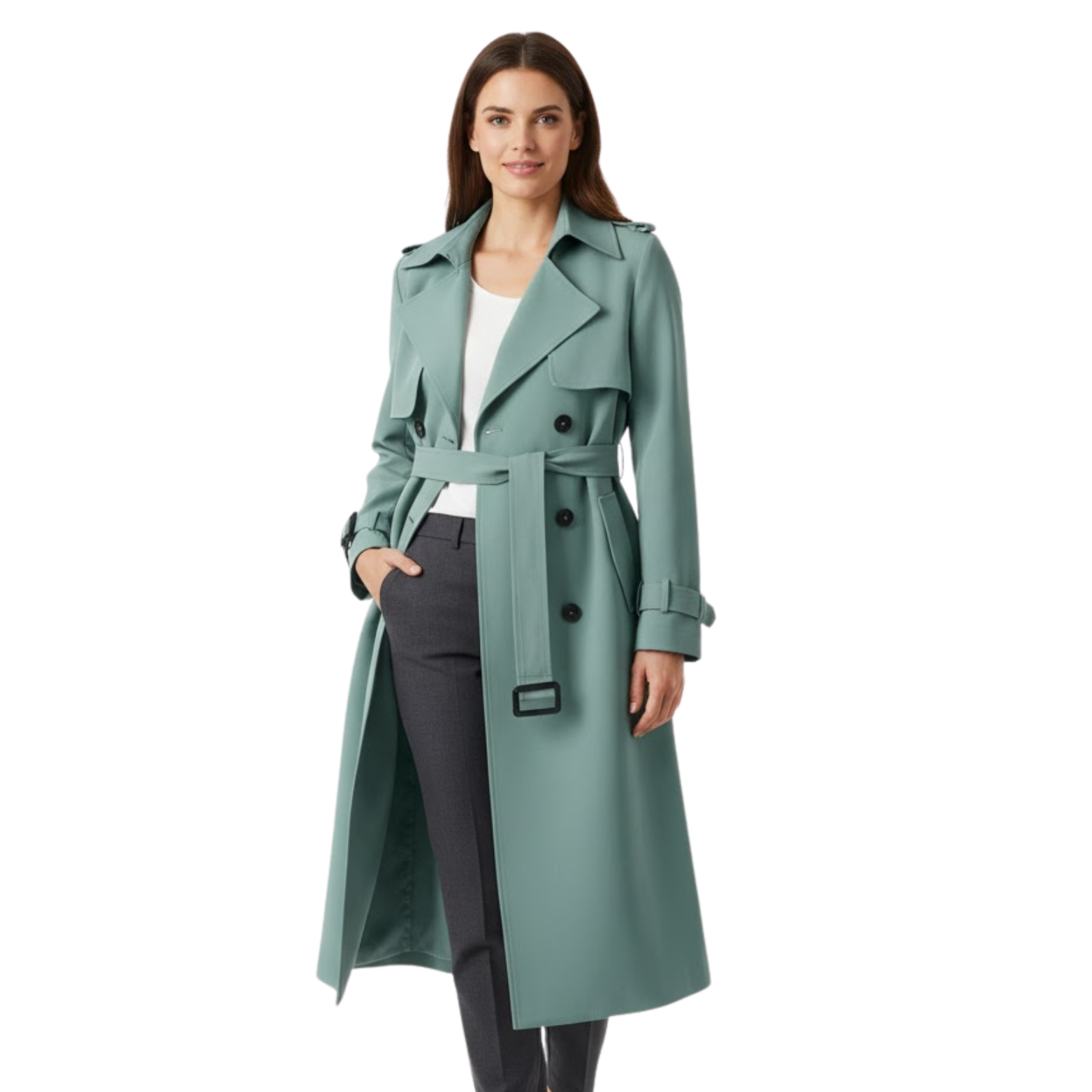 Women's Double Breasted Trench Coat Long Slim Fit Jacket with Belt Outerwear