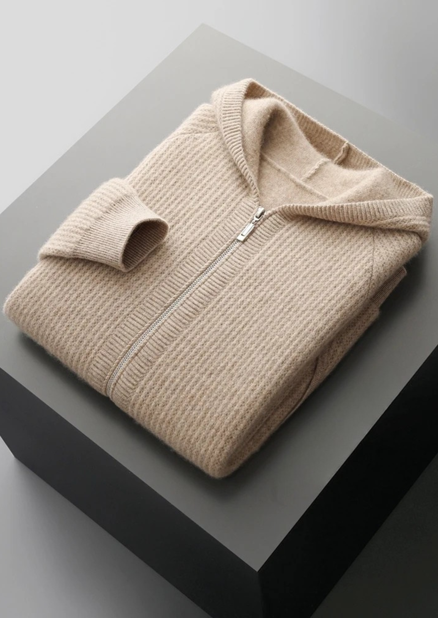 Veroux Mode | Men’s Pure Extra-Fine Merino Wool Ribbed Zipper Hoodie