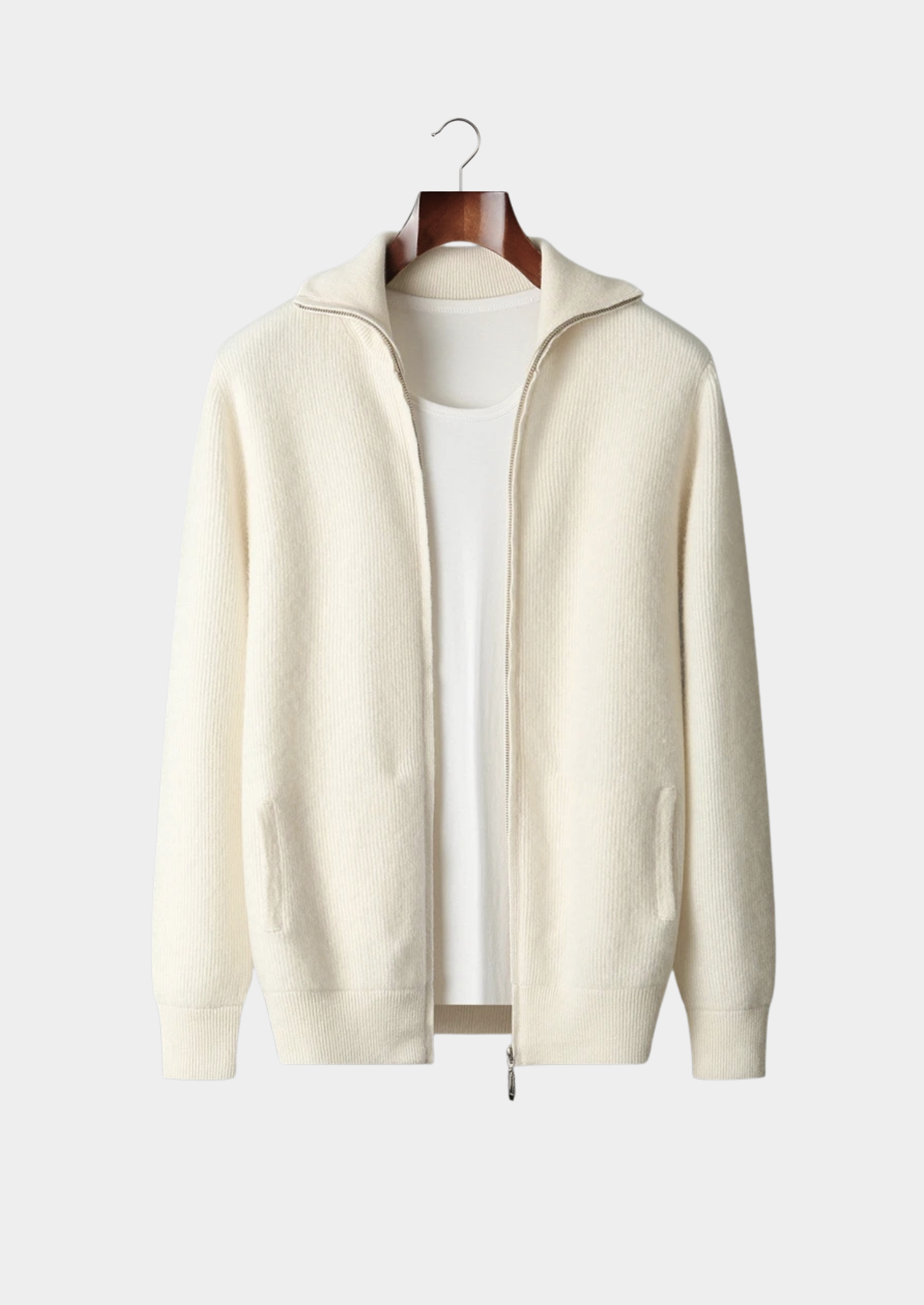 Veroux Mode | Men’s Pure Extra-Fine Merino Wool Ribbed Zipper Cardigan