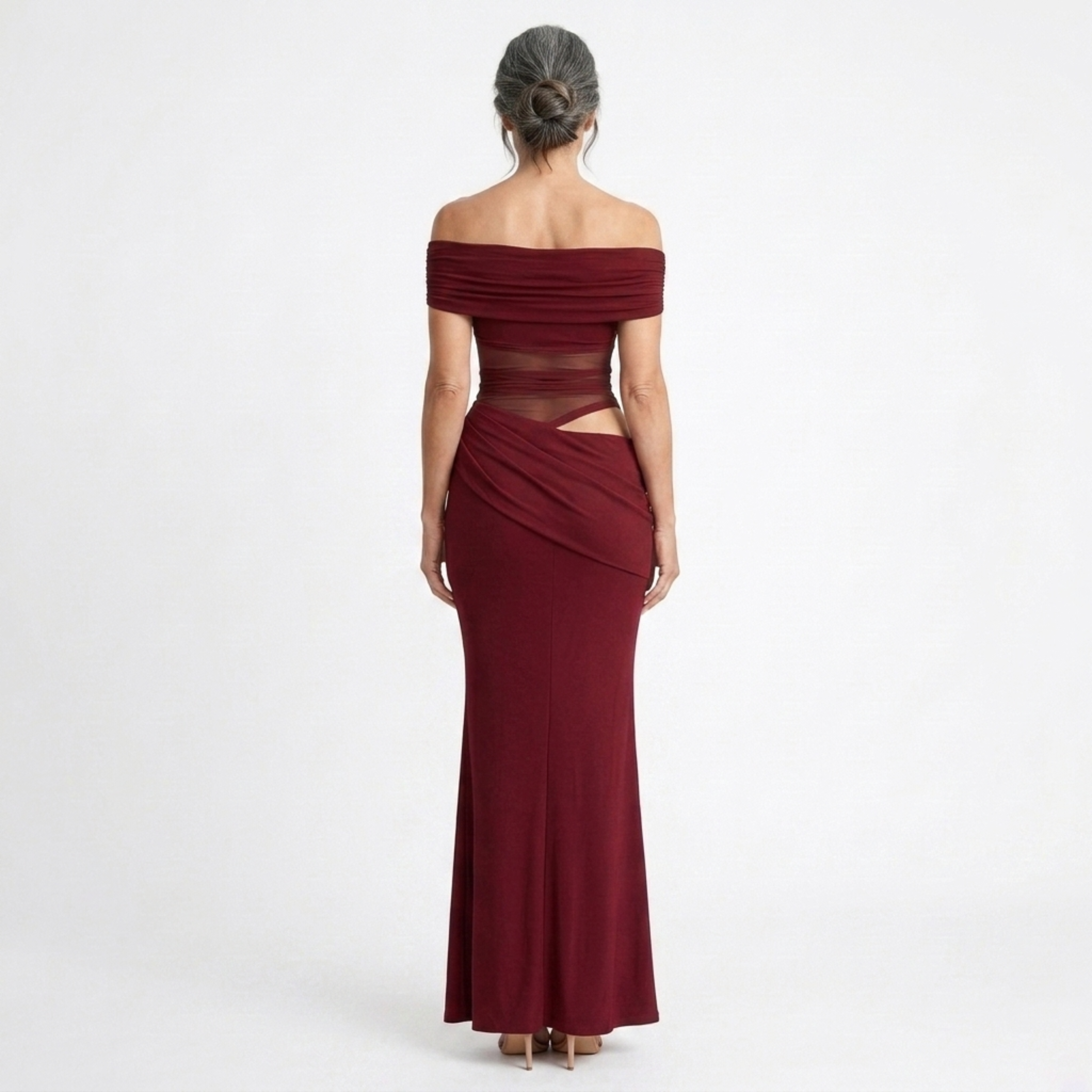 Women's Off Shoulder Ruched Mesh Maxi Dress Sleeveless Bodycon Wedding Guest Dress