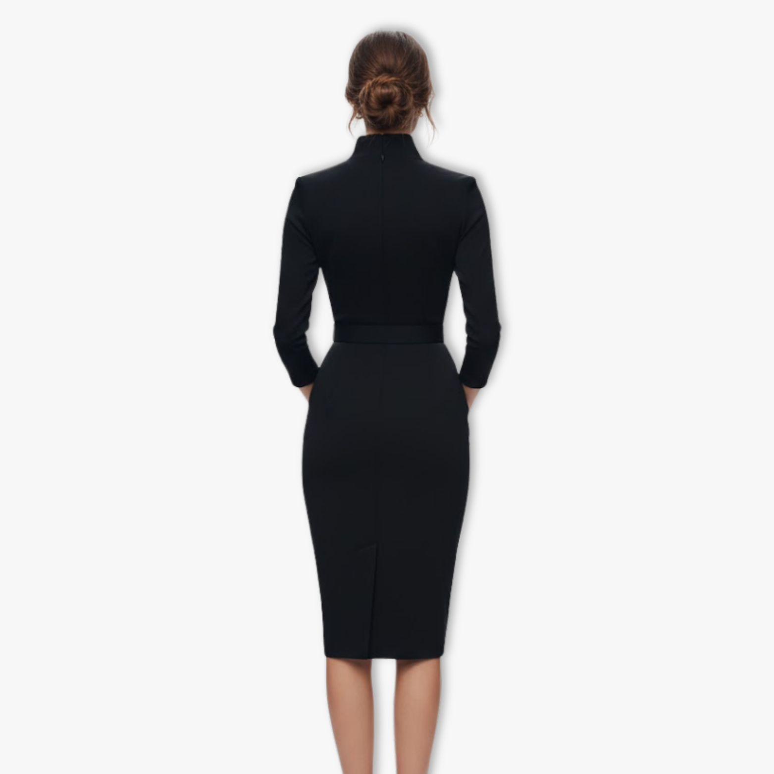Women's V-Neck Slim Bodycon Dress Long Sleeve Mid-Calf Office Party Sheath Dress