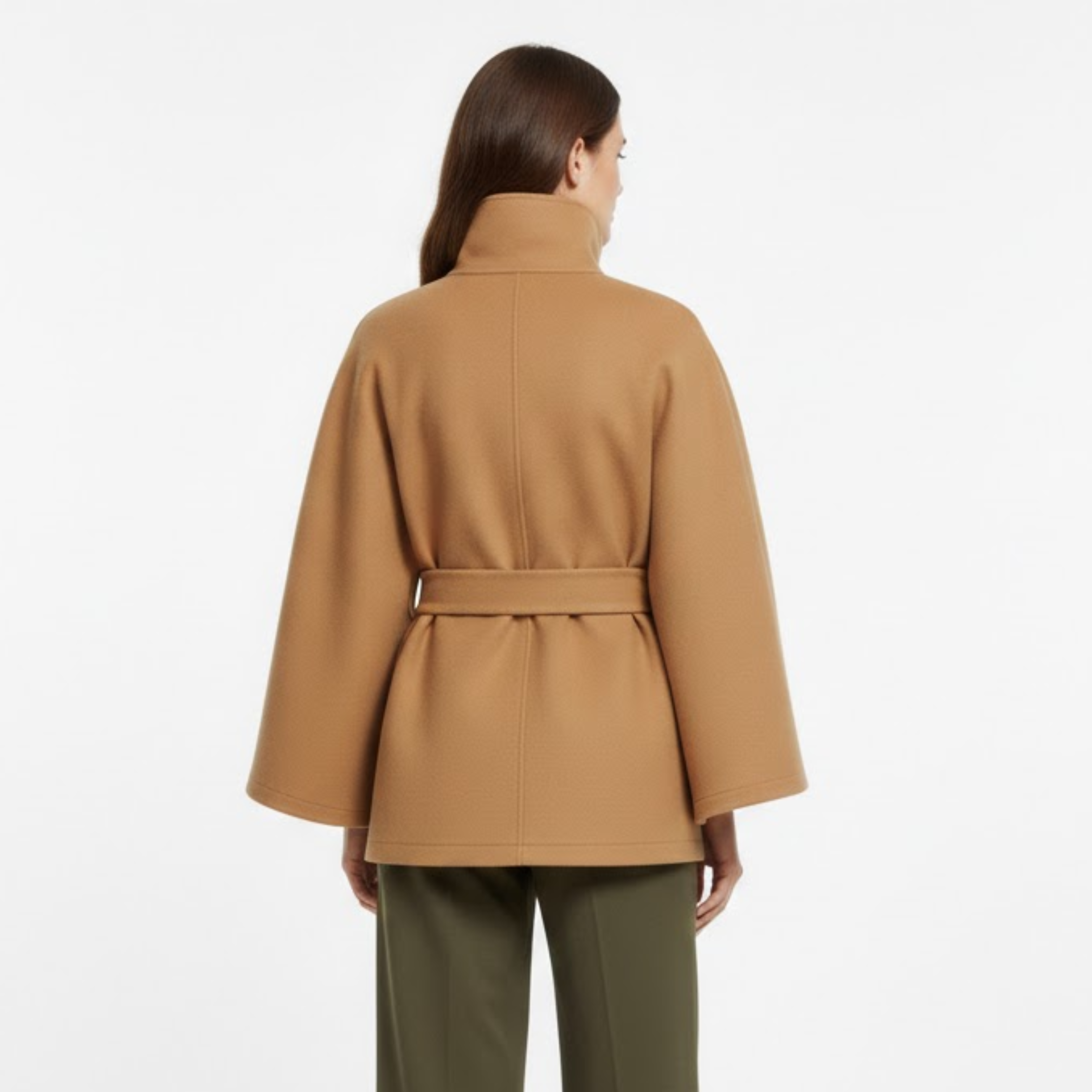 Women's Belted Cape Coat Funnel Neck Long Sleeve Polyester Button Cloak Outerwear