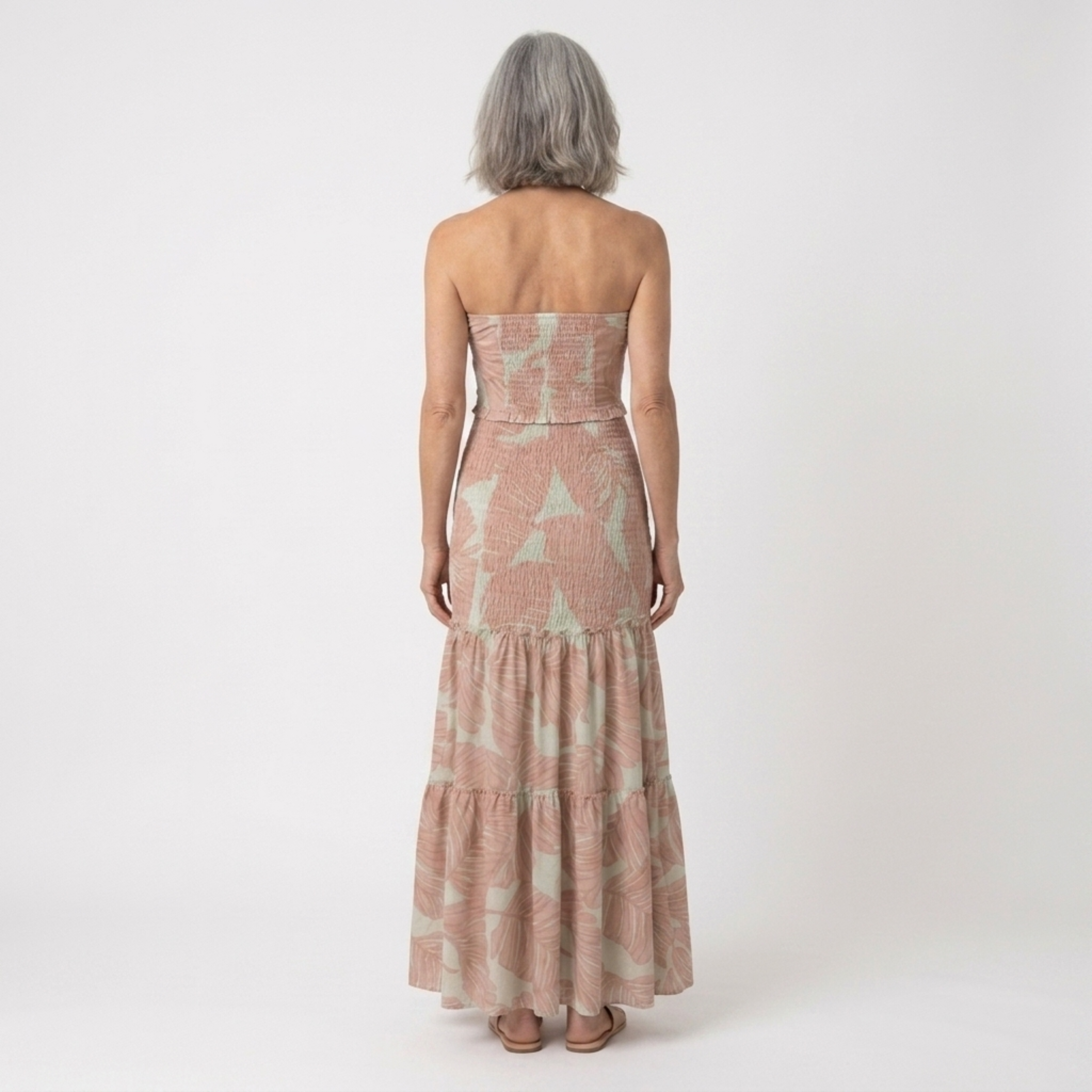 Women's Strapless Maxi Dress Tropical Leaf Print Ruched Waist Cut-Out Beach Dress