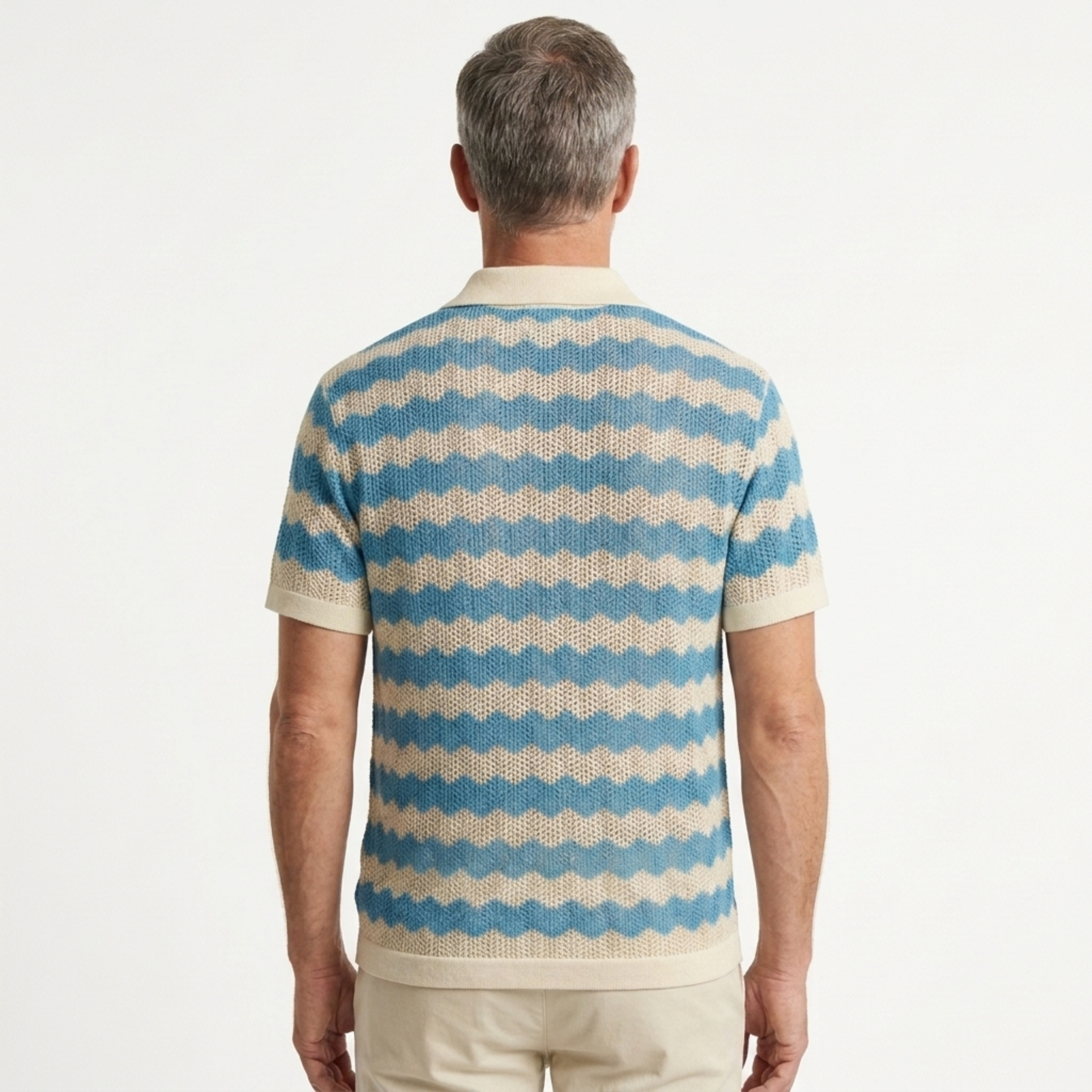 Men's knit polo shirt — vertical jacquard stripes — vintage resort wear