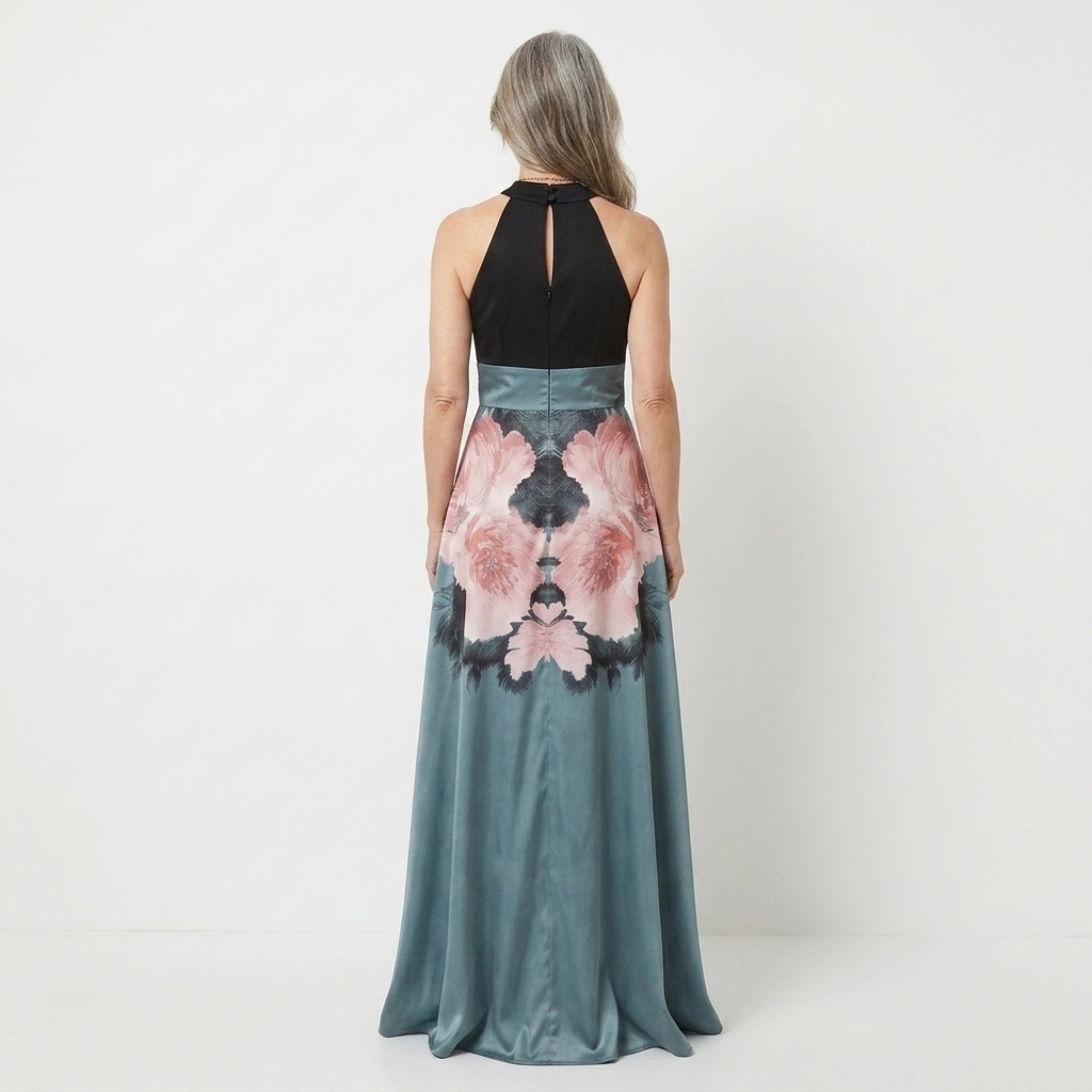 Women's Floral Maxi Dress Sleeveless High Neck Side Slit A-Line Formal Party Dress