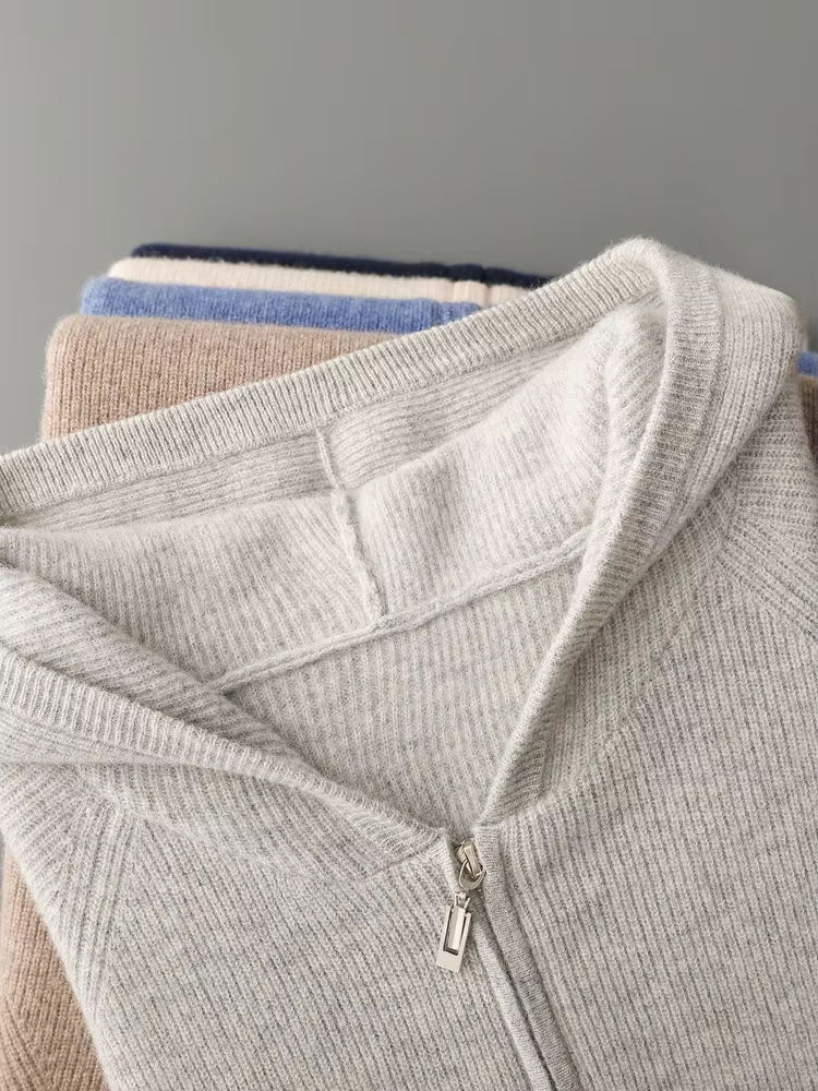 Veroux Mode | Men’s Pure Extra-Fine Merino Wool Ribbed Zip Hoodie