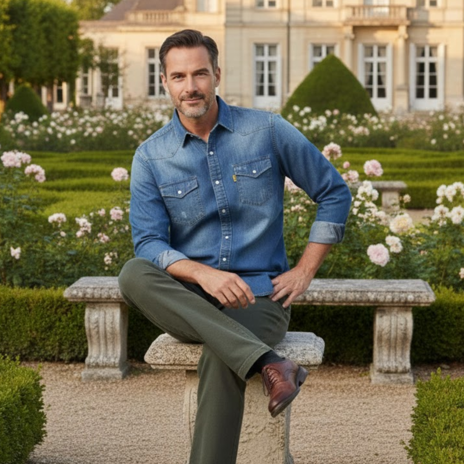 Elastic Cotton Denim Shirt Men Long Sleeve Slim Fit