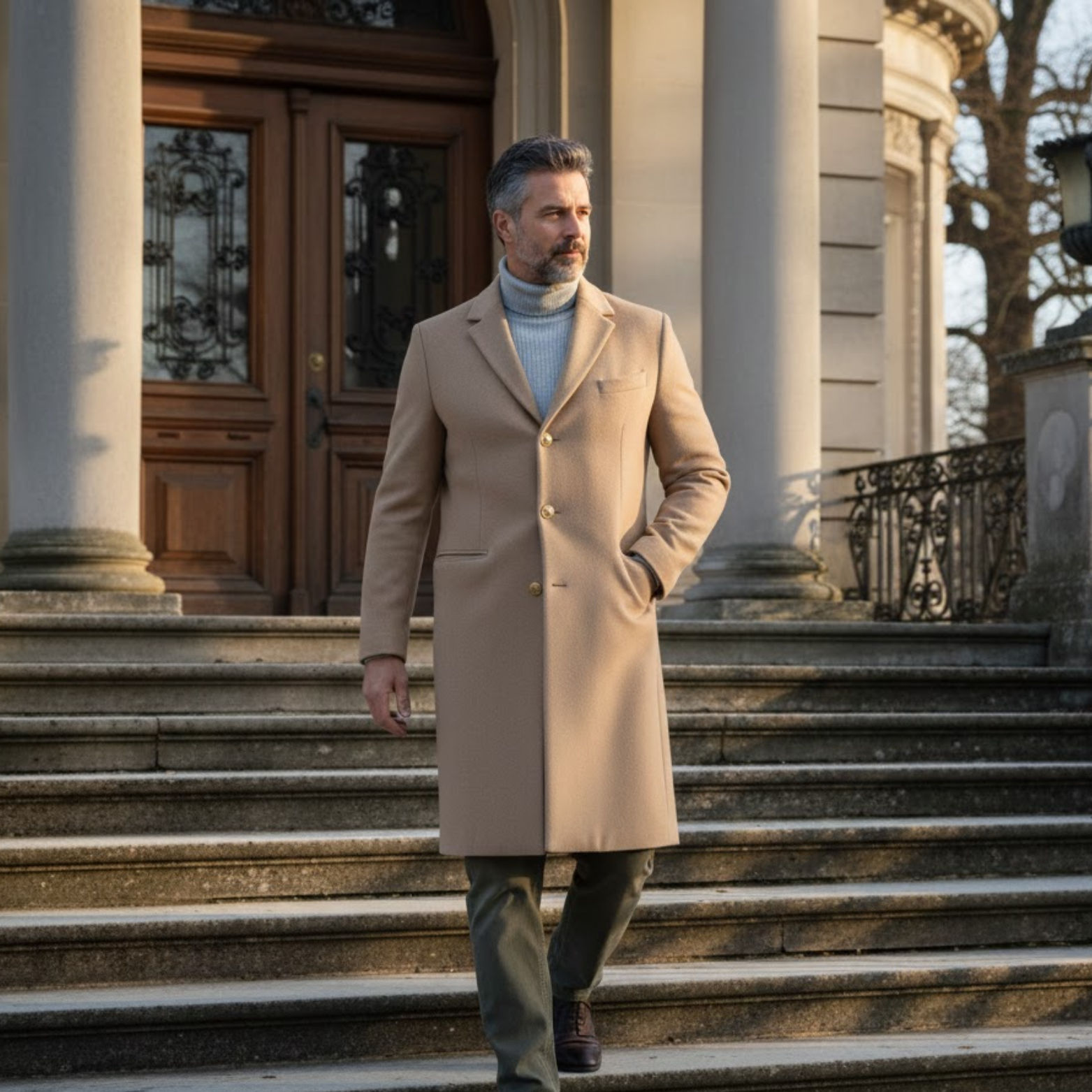 Men's Mid-Length Wool Blend Overcoat Single Breasted Slim Fit Trench Coat Jacket