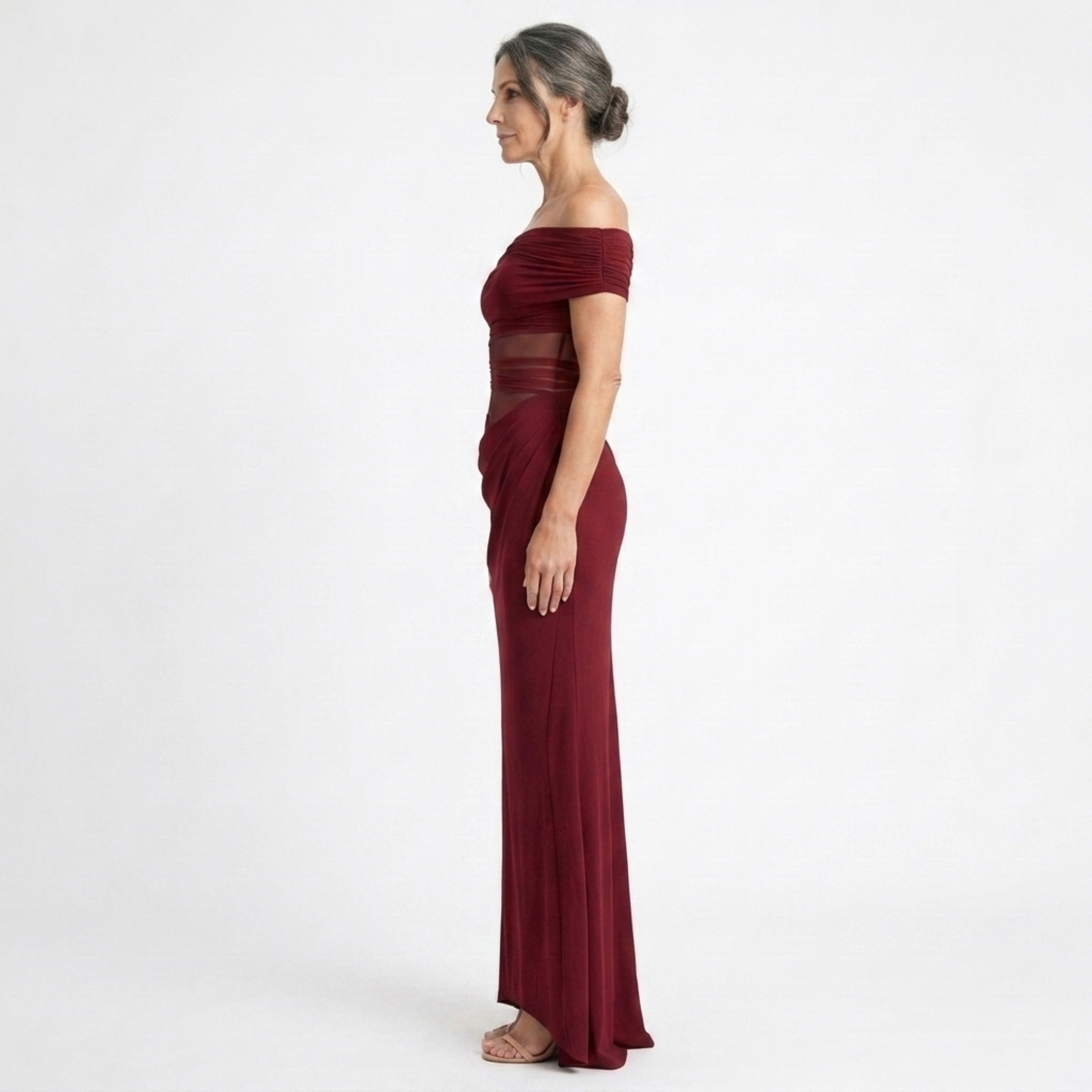 Women's Off Shoulder Ruched Mesh Maxi Dress Sleeveless Bodycon Wedding Guest Dress
