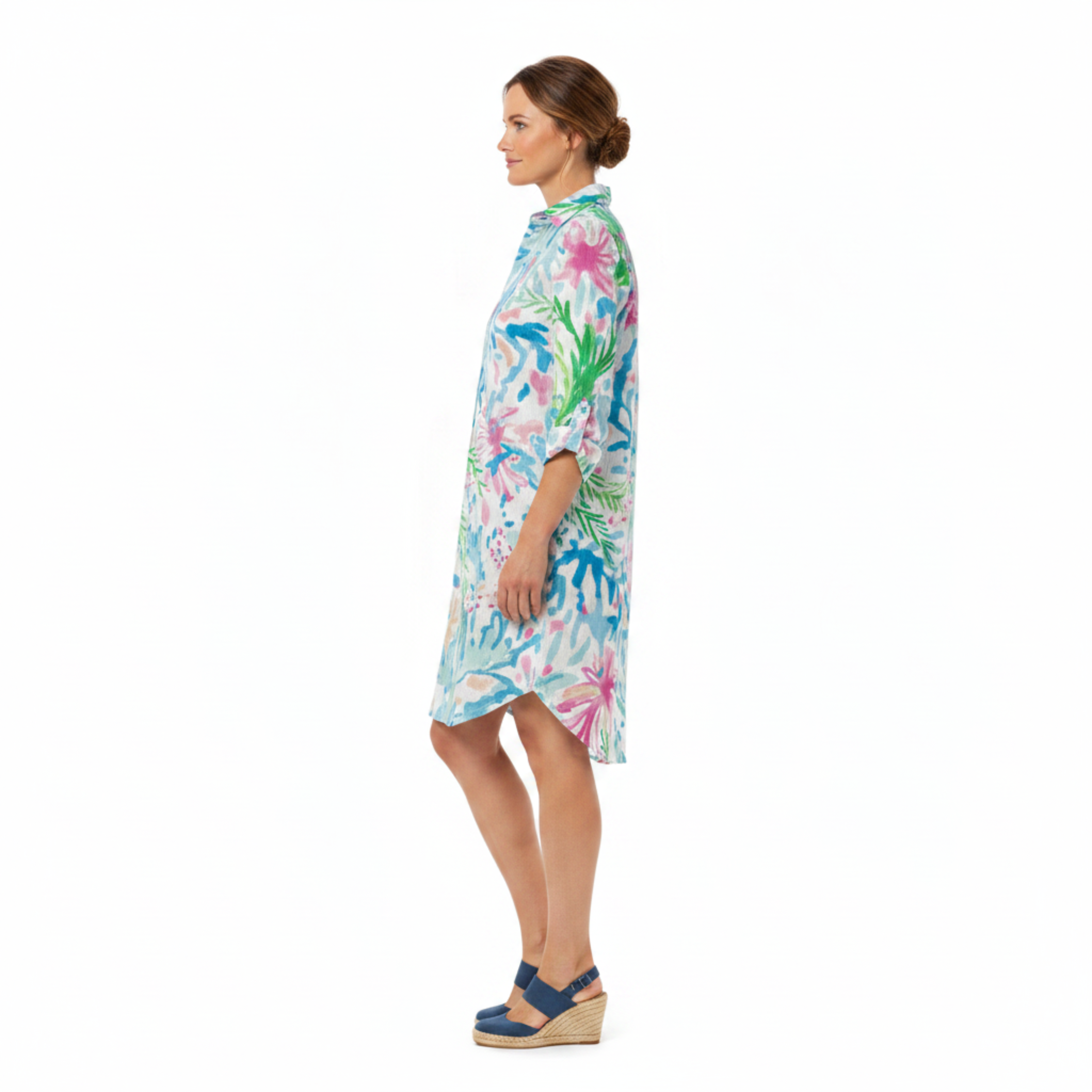 Tropical Print Shirt Dress Women's Beach Cover Up with 3/4 Roll-Tab Sleeves