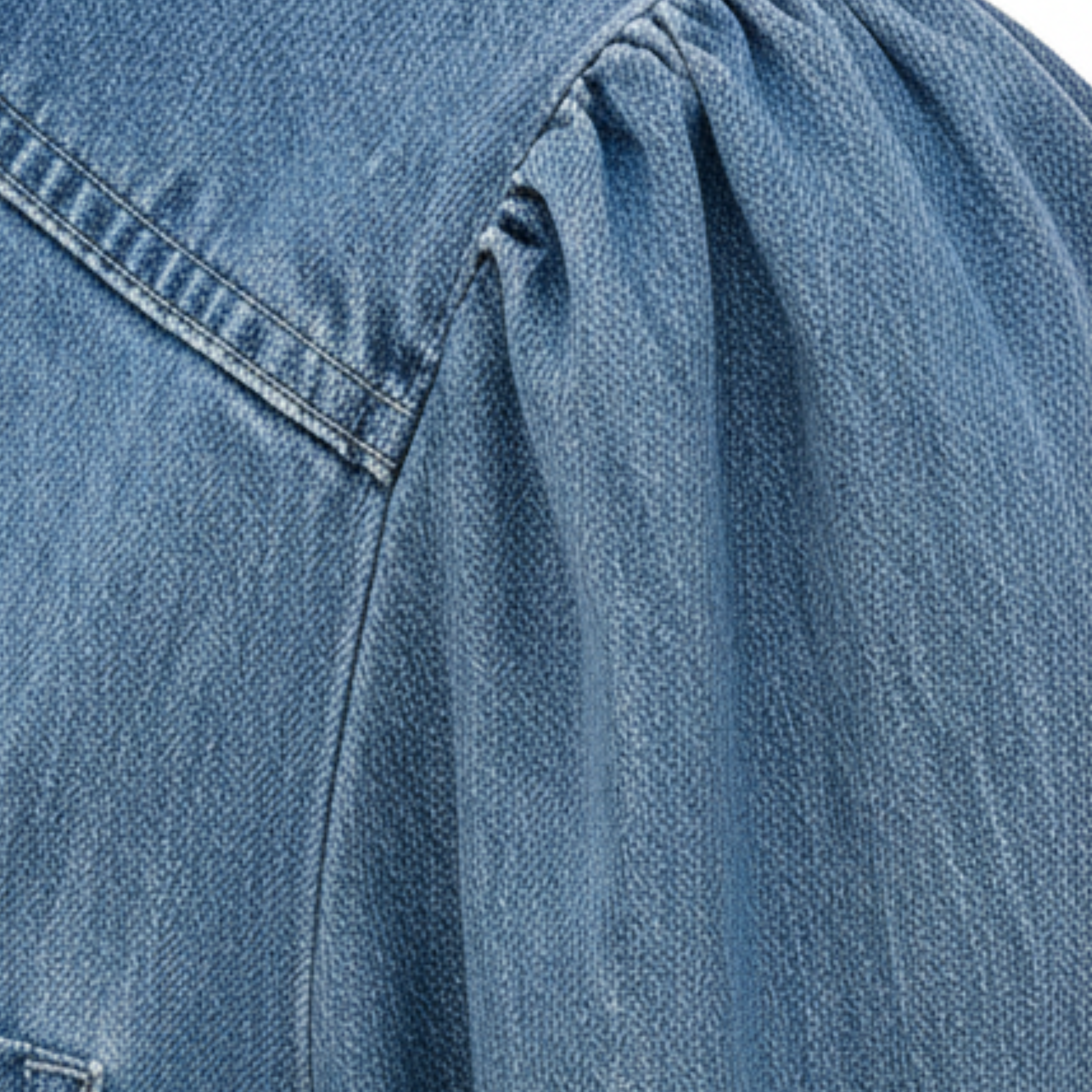 Short Sleeve Denim Shirt Women's Puff Sleeve Button Up Blouse with Pocket