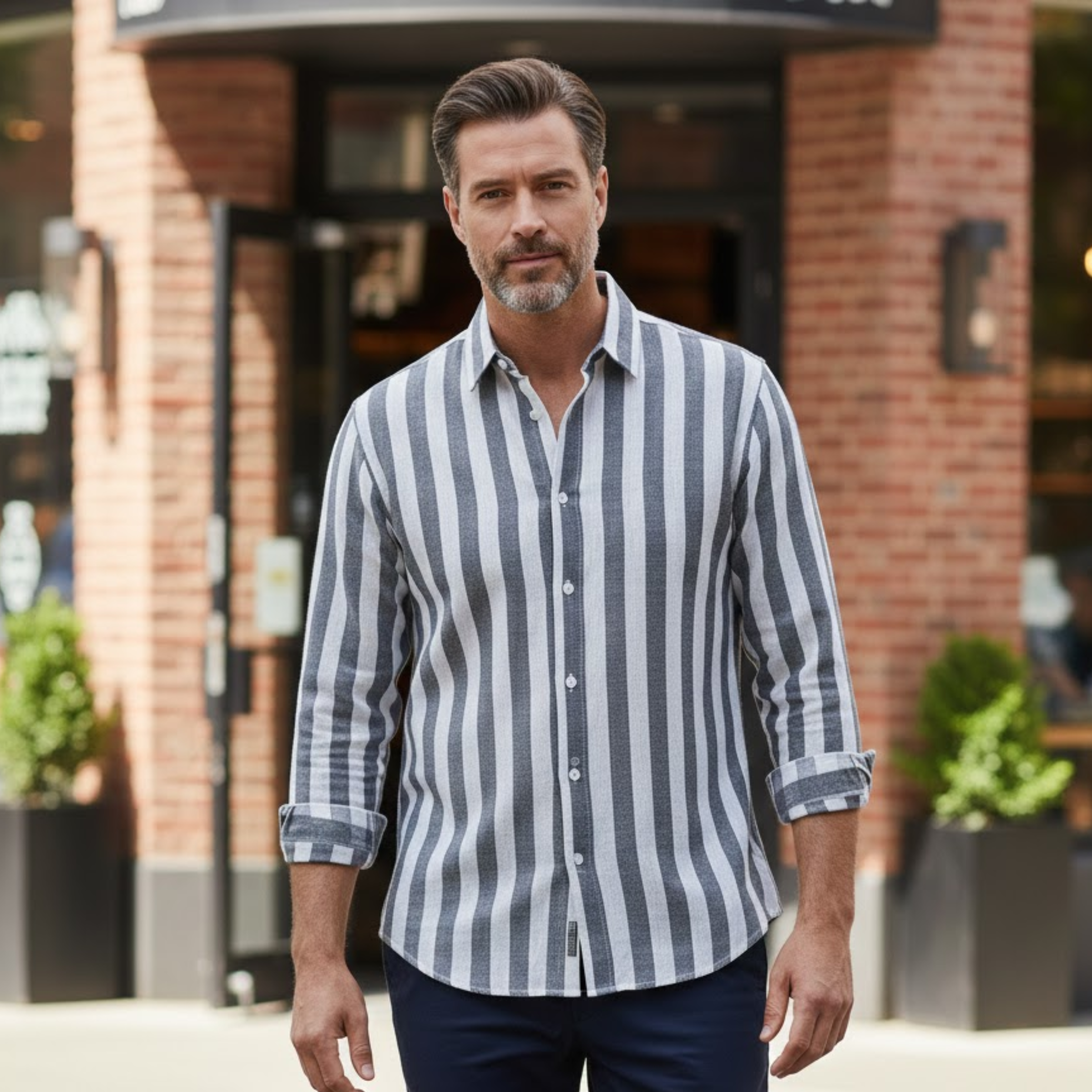 Men's Striped Casual Shirt Long Sleeve Turn-Down Collar Single Breasted Polyester Top